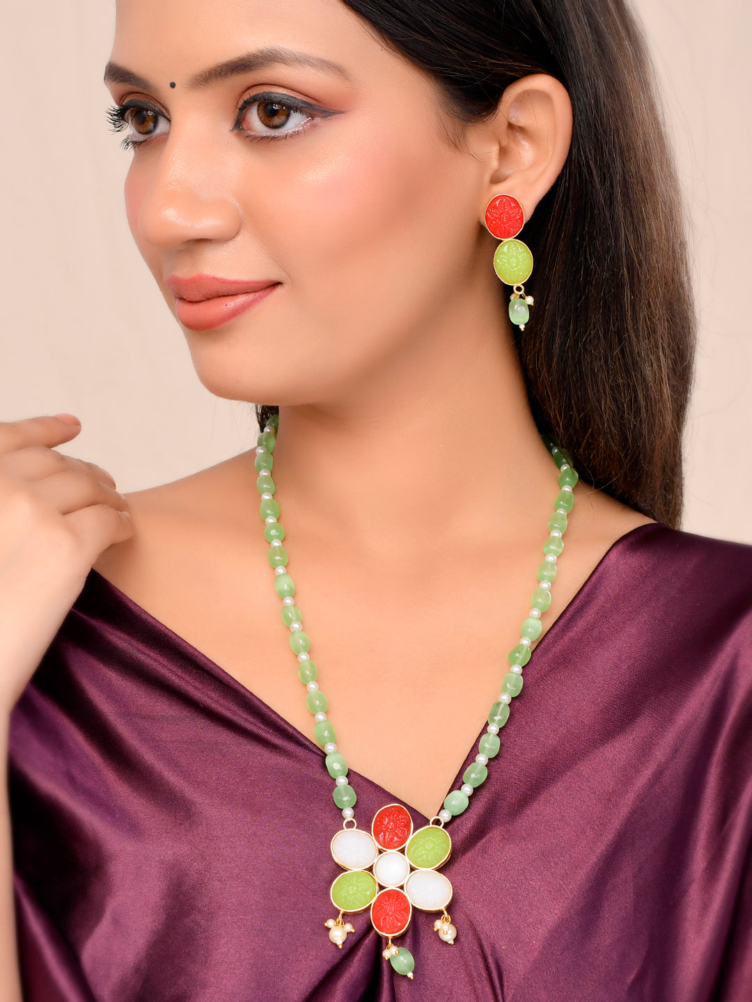 Multi Color Flower Pendant studded green stone chain necklace with earring