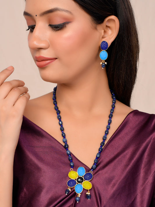 Multi Color Flower Pendant studded Blue stone chain necklace with earring