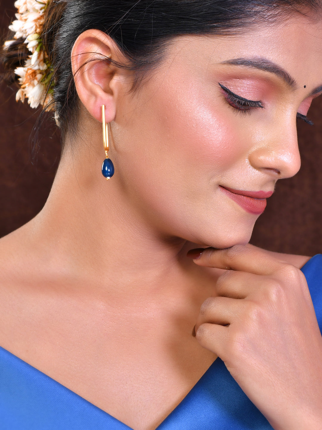 New Gold Plated Square Earring  With Blue Beads For Women