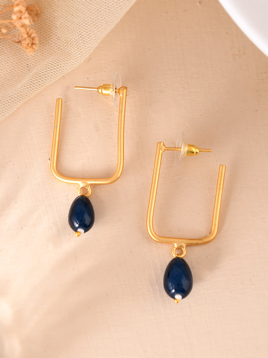 New Gold Plated Square Earring  With Blue Beads For Women