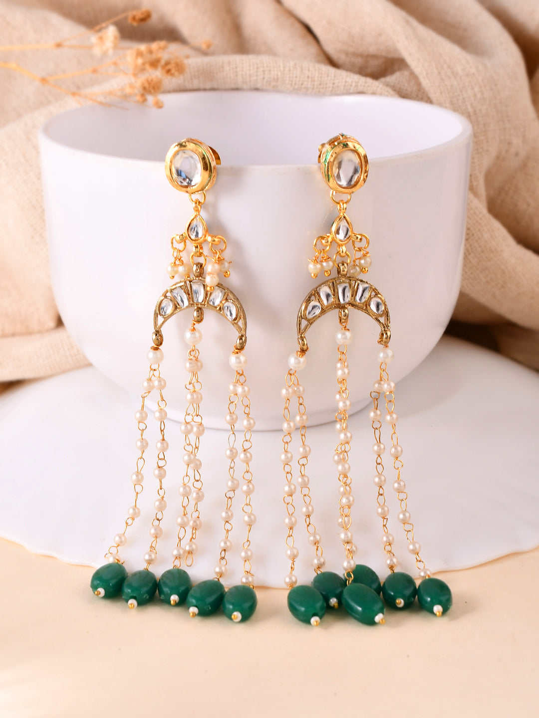 Elegant Gold Chandelier Earrings with Green Gemstone Accents