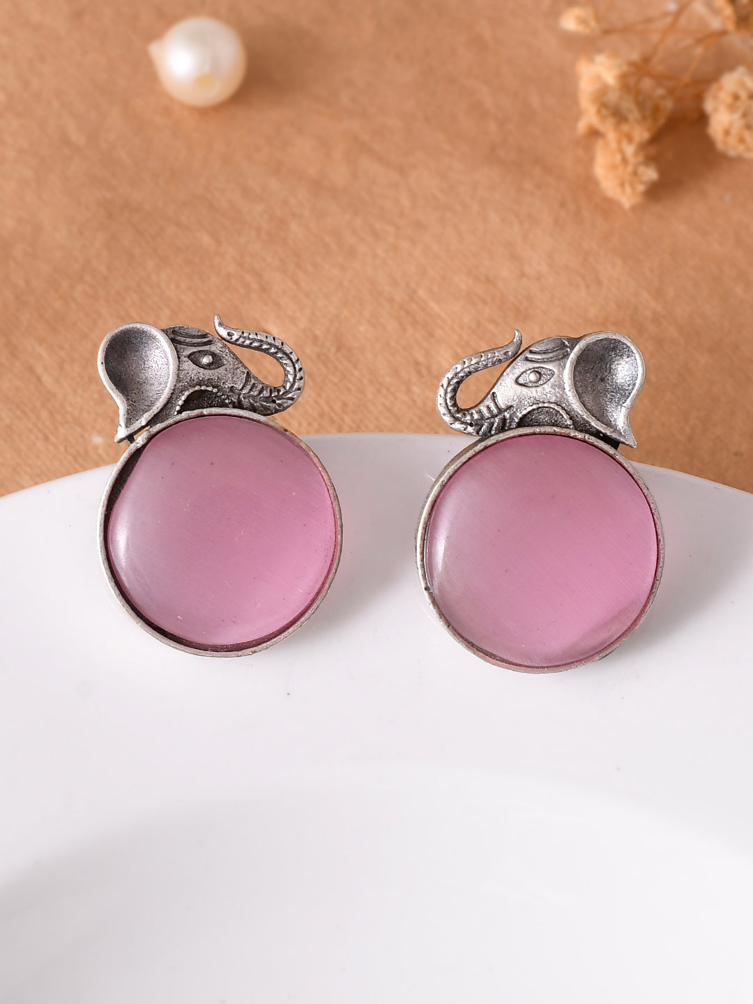 “Elegant Elephant Silver Earrings with Pink Gemstones