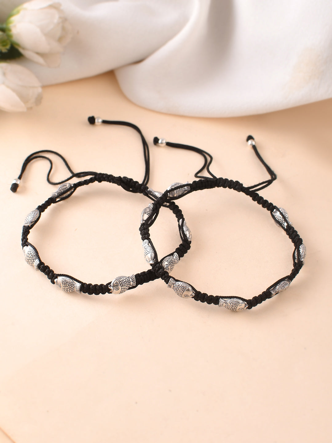 Silver-Plated fish Beaded  Threaded Anklet