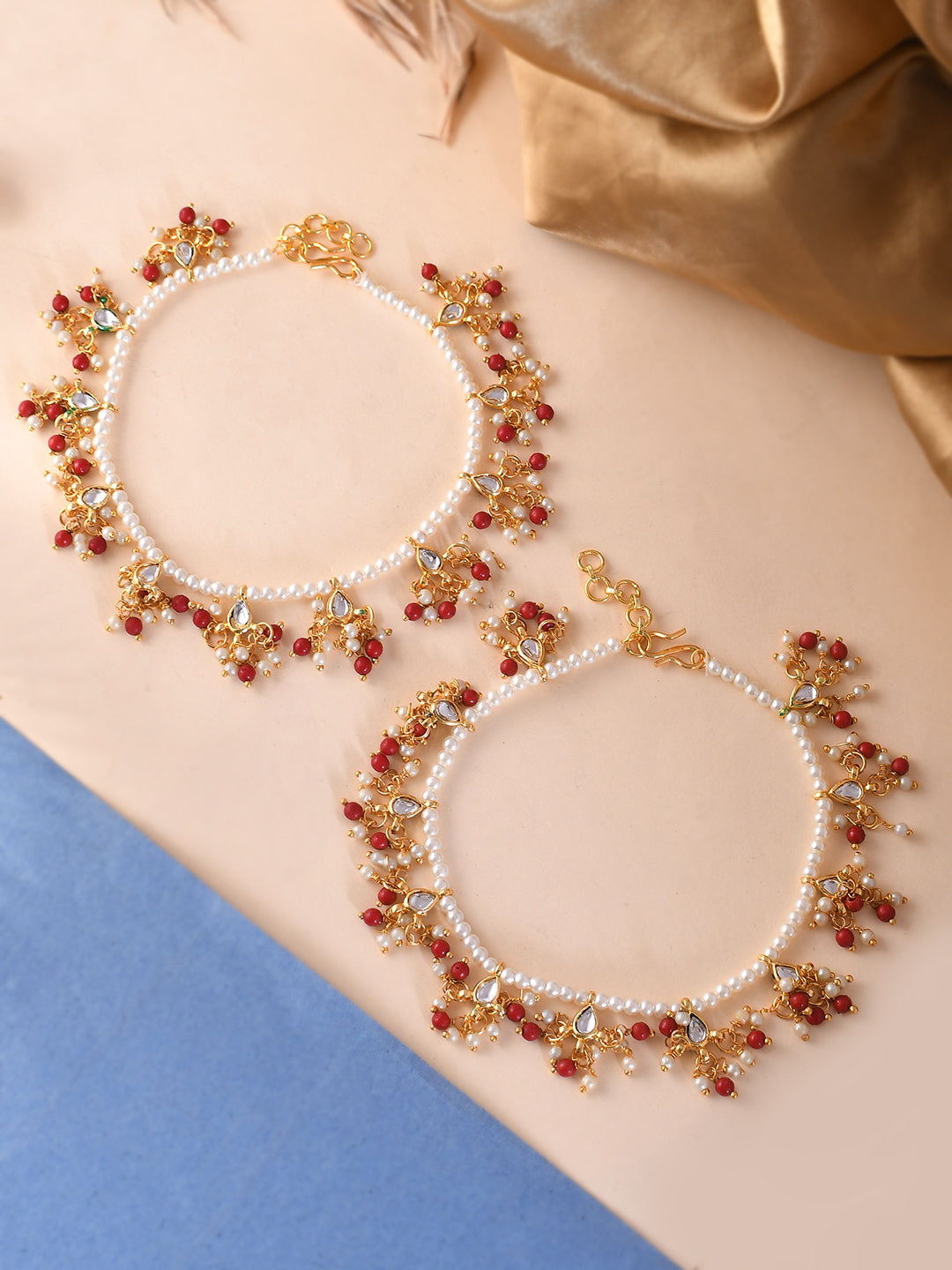 Trending pearls/beads -studded  gold tone anklet