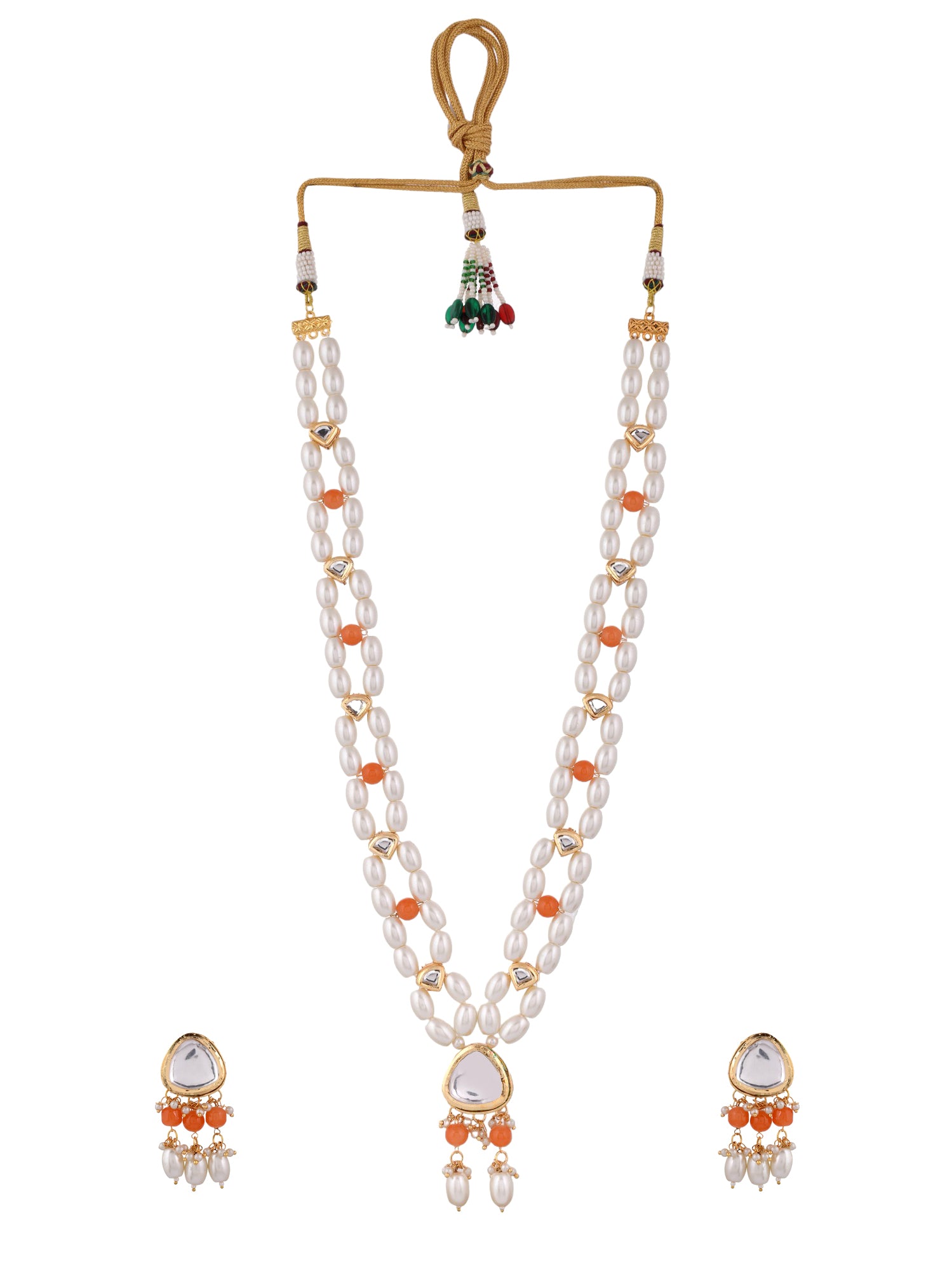 Gold plated pearl kundan long jewelleryset