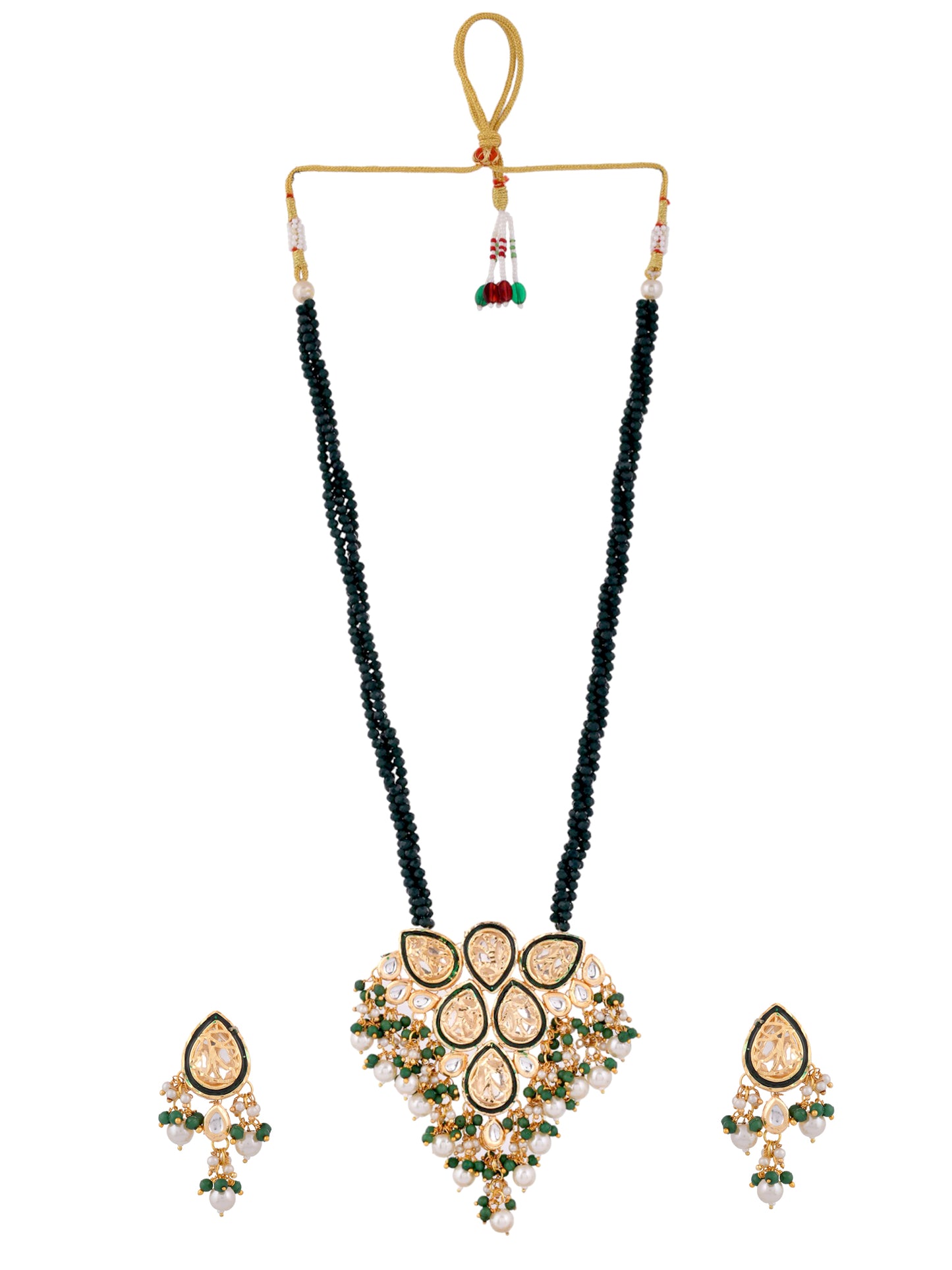 Gold Plated Green Kundan Pearl Jewellery Set With Earring For Occasion