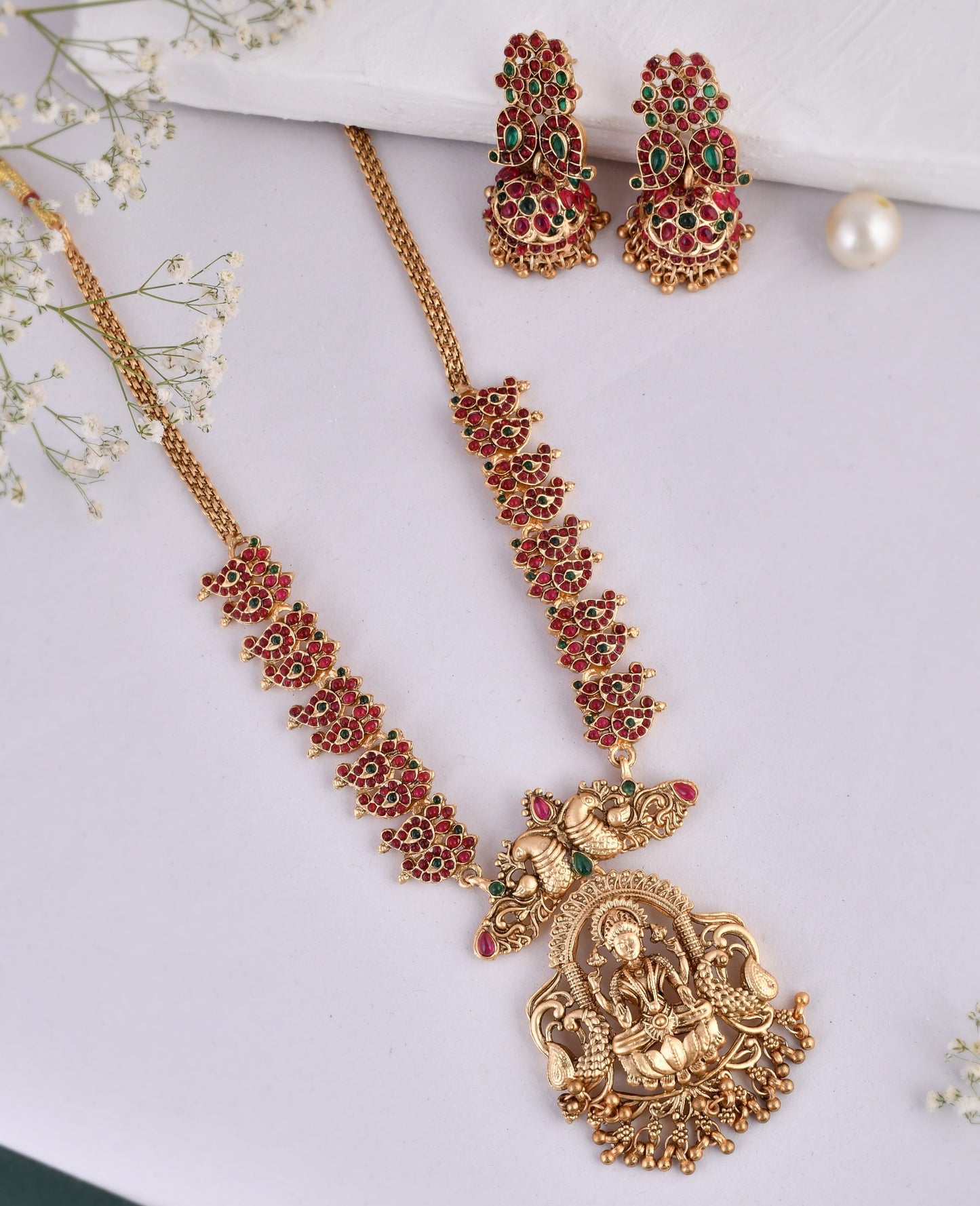 Antique Gold-Plated Studded Long Temple Jewellery Set