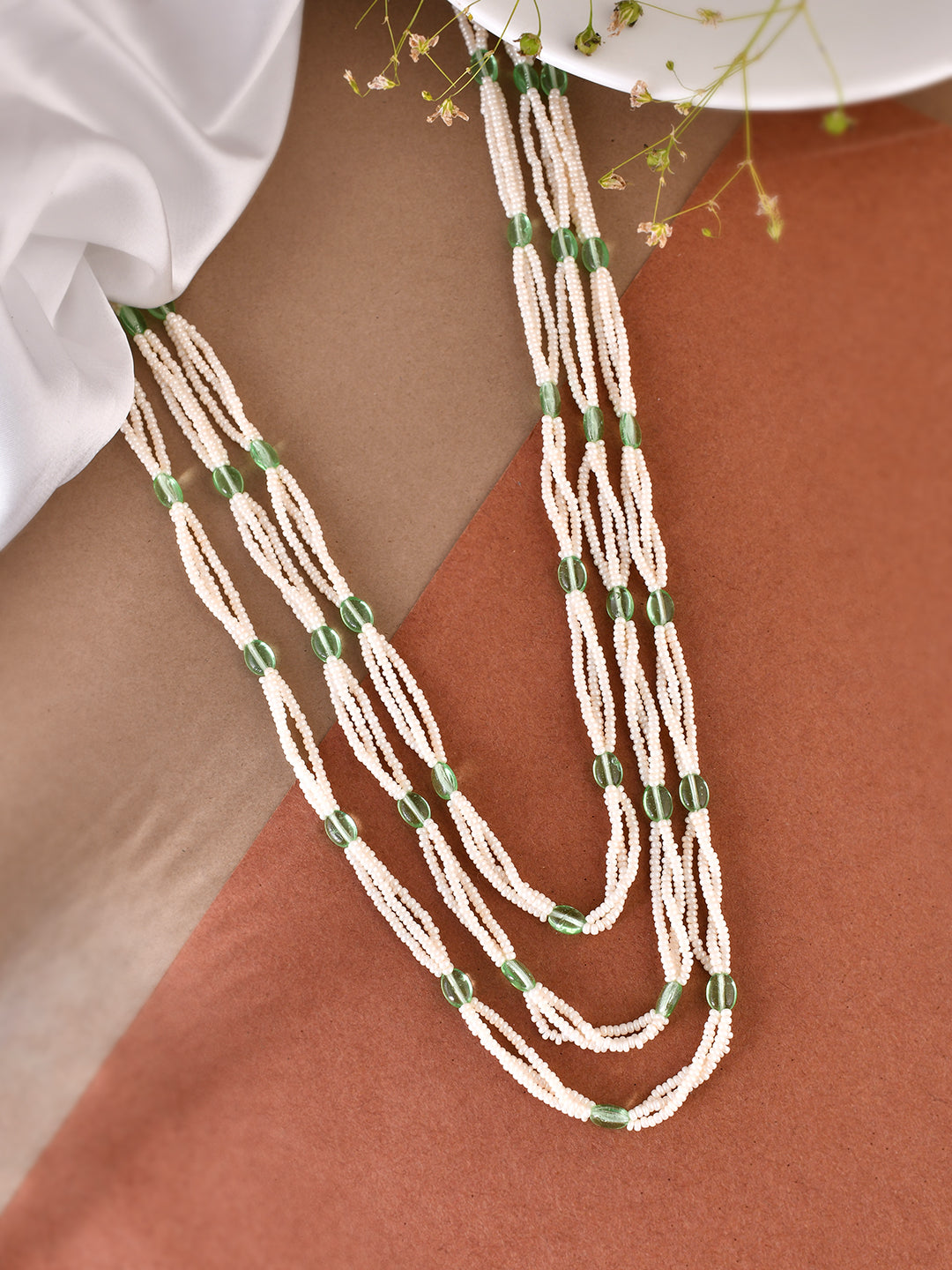 Green Gem & Pearl Beaded Necklace