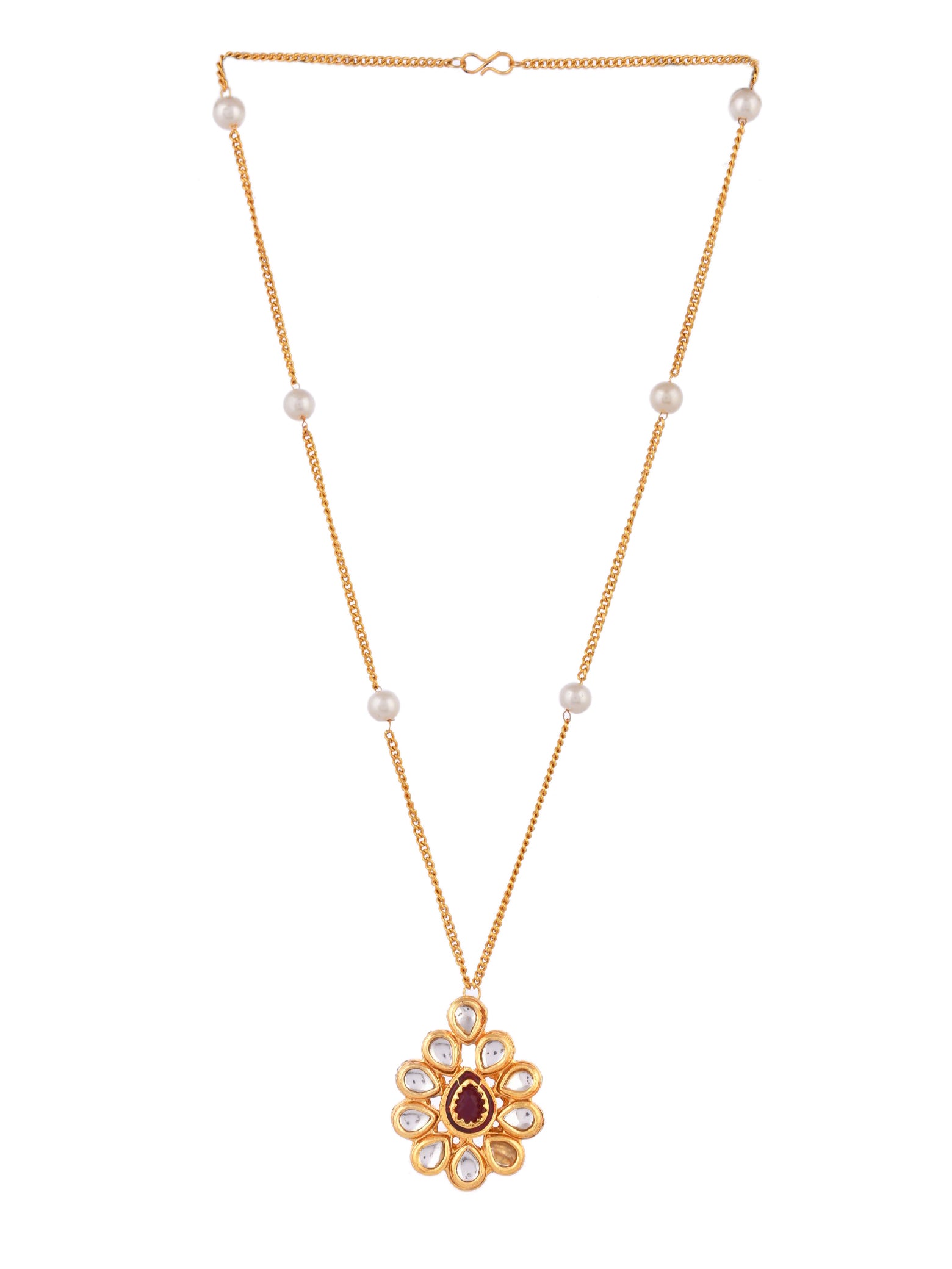 Gold Necklace with Pearl Accents and Gemstone Pendant