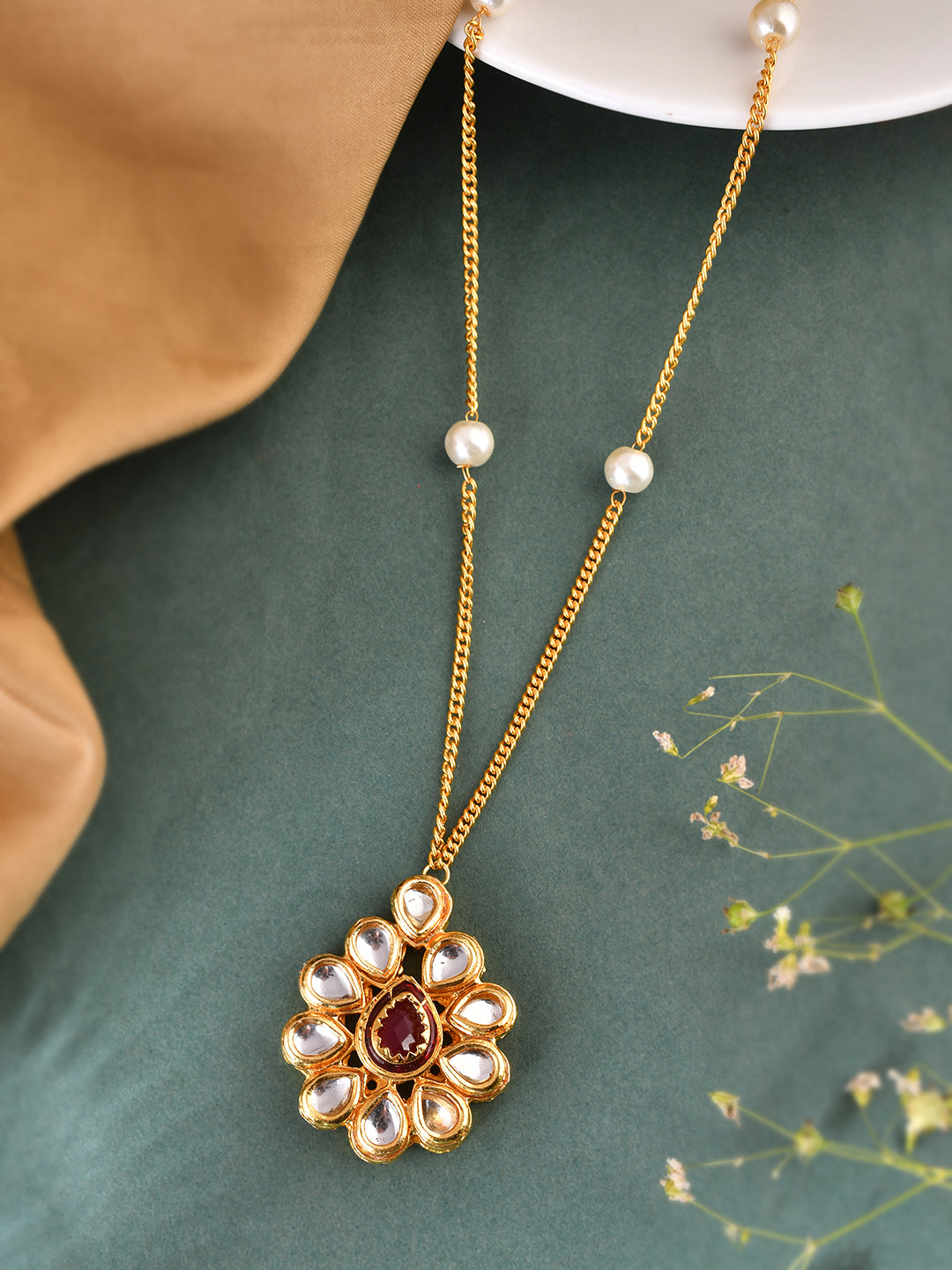 Gold Necklace with Pearl Accents and Gemstone Pendant