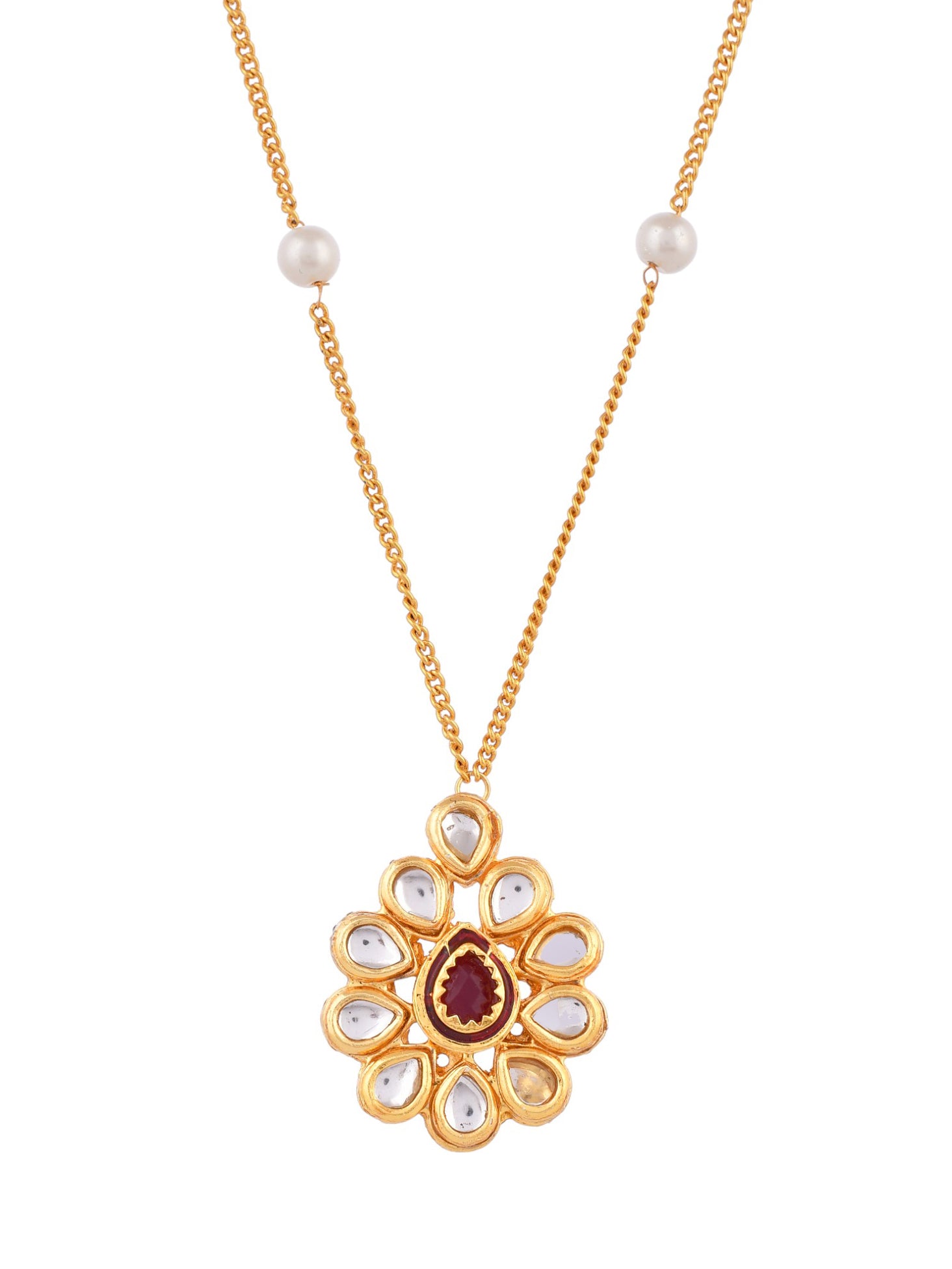 Gold Necklace with Pearl Accents and Gemstone Pendant