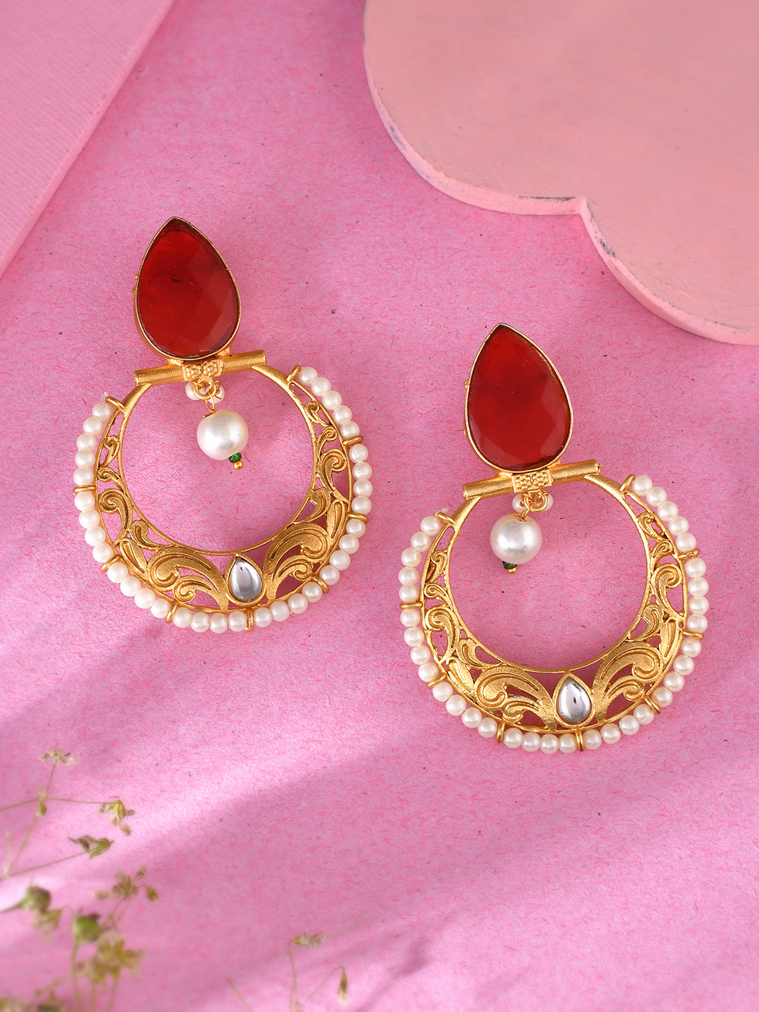 Gold Plated Red Stone Studded Pearl Chandbali Earrings&nbsp;