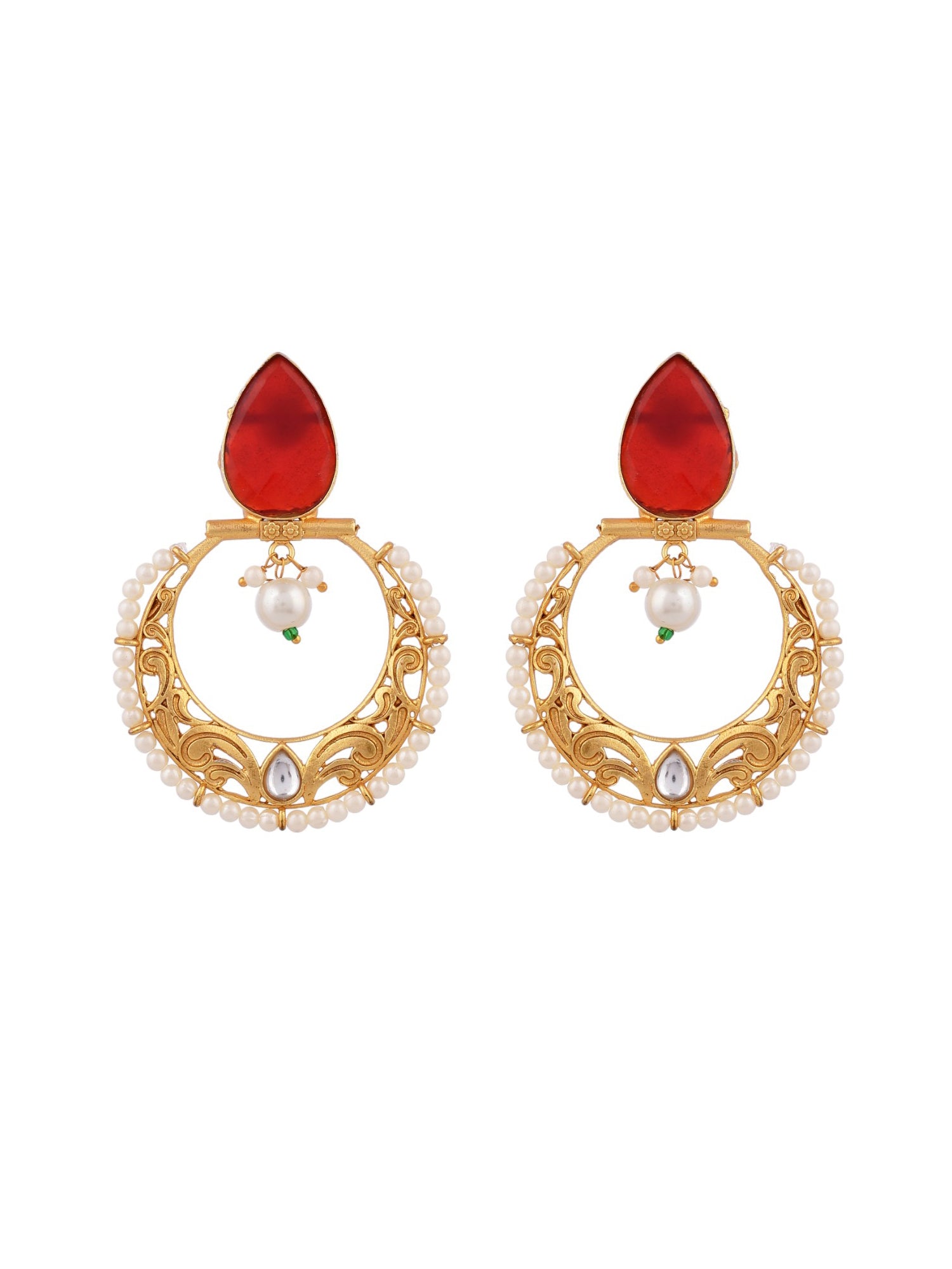 Gold Plated Red Stone Studded Pearl Chandbali Earrings&nbsp;