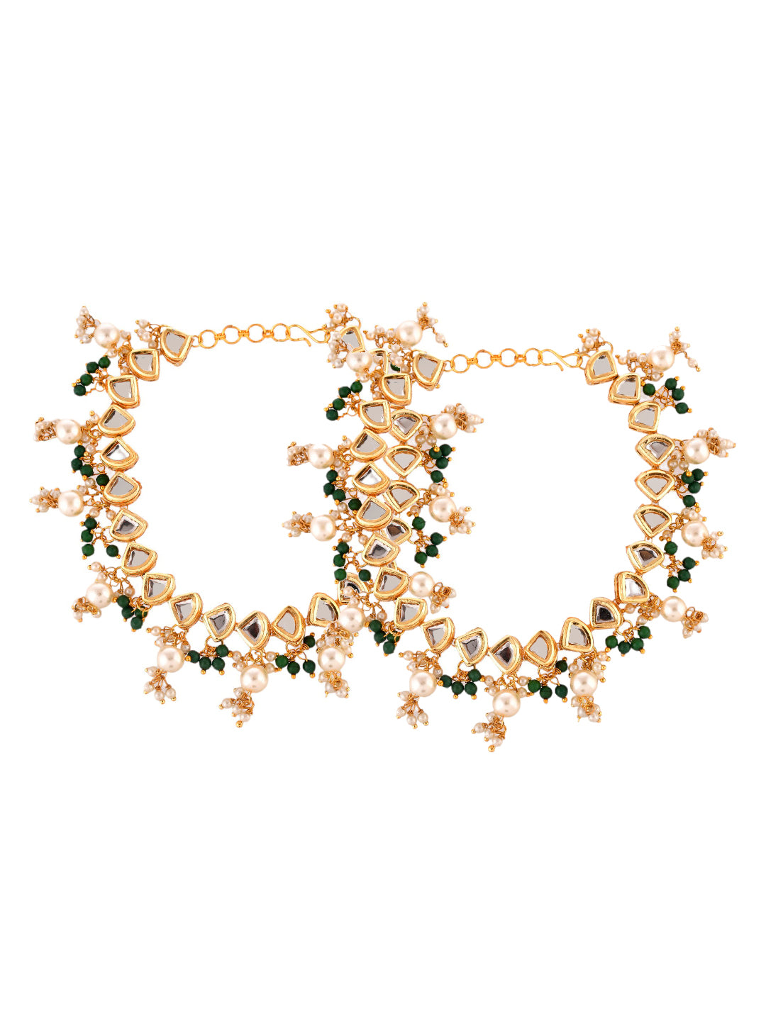 Set Of 2 Gold-Plated White Kundan-Studded Pearl Anklets