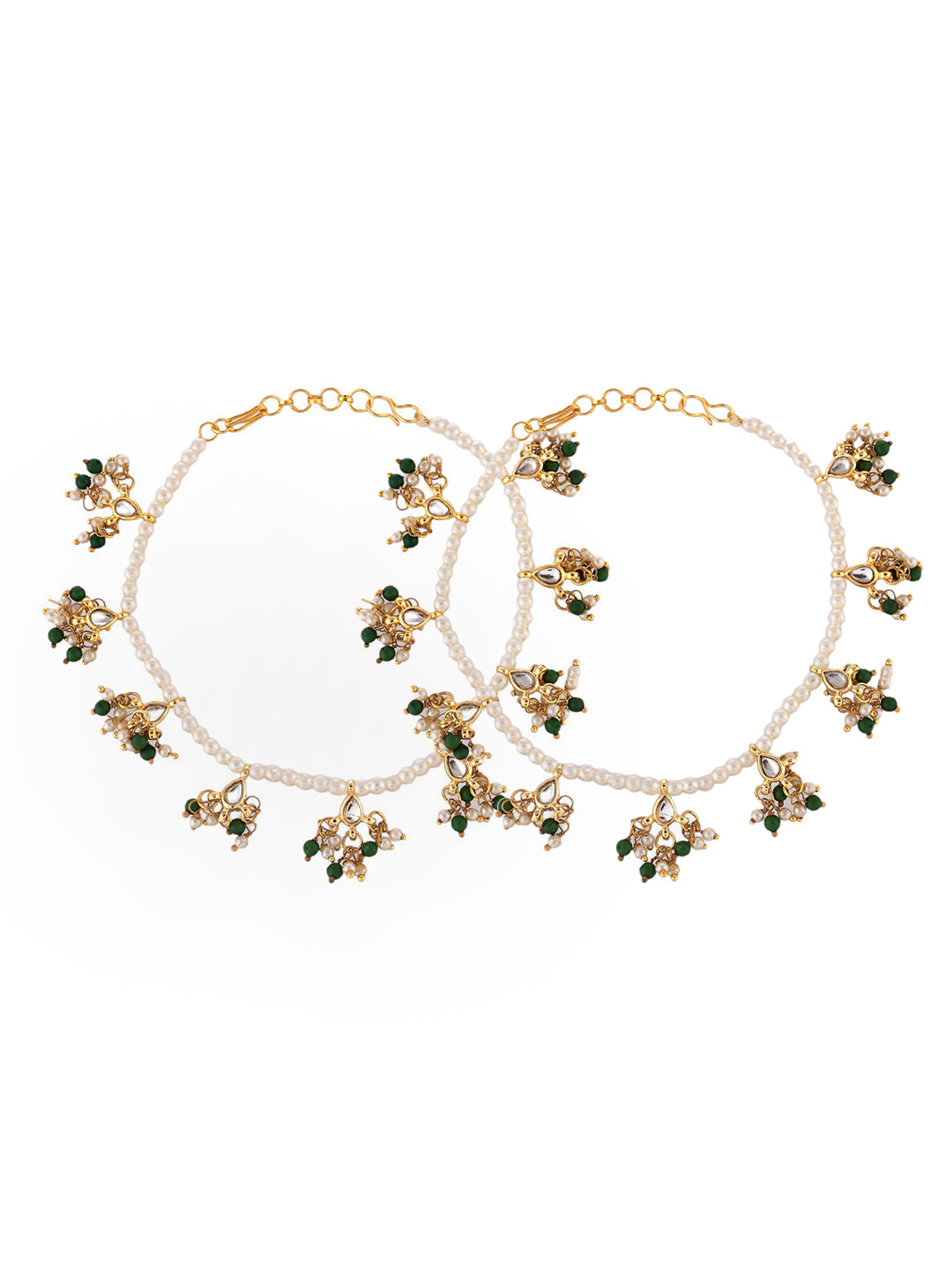 Gold tone kundan-studded pearl anklets