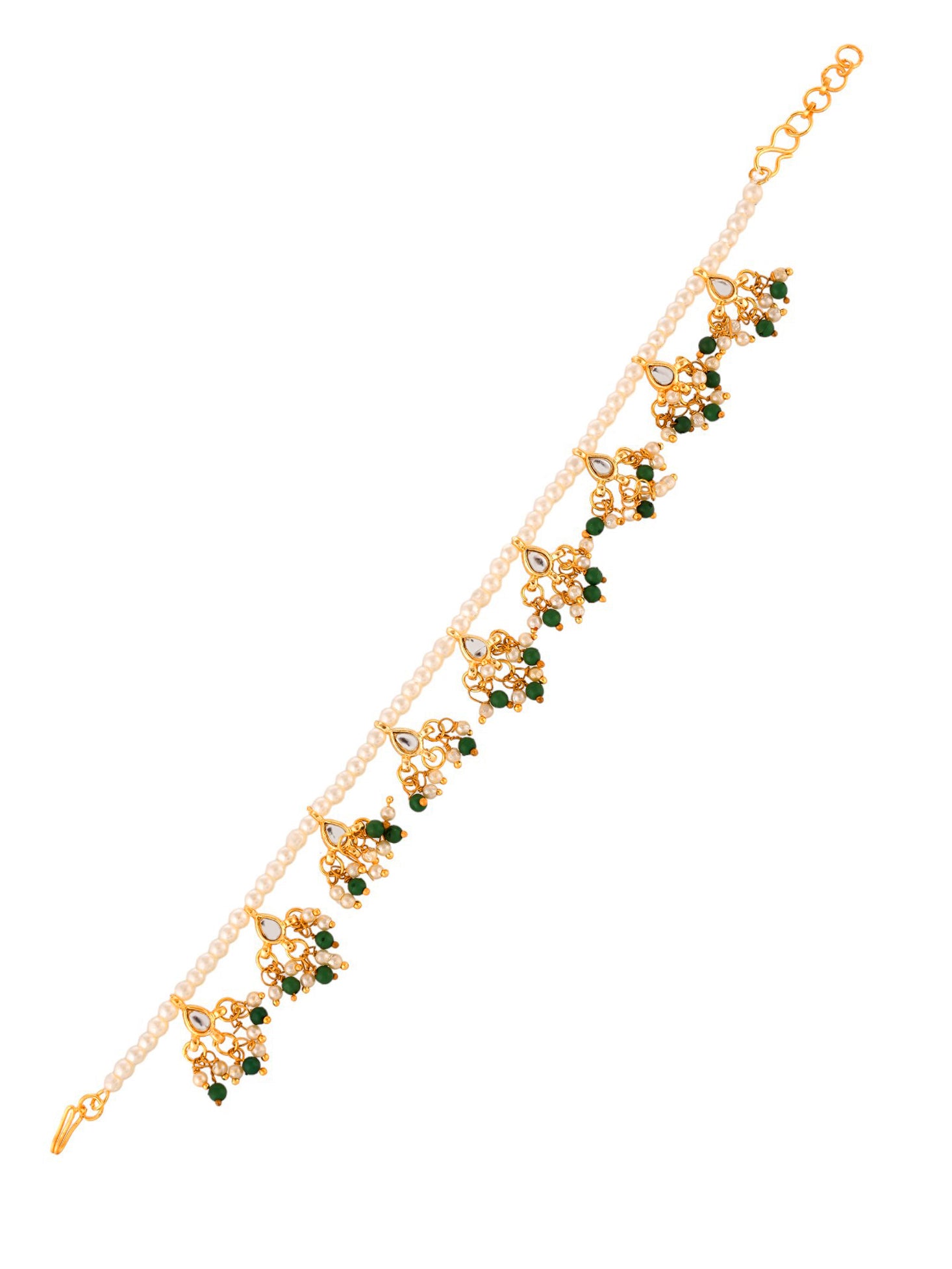 Gold tone kundan-studded pearl anklets