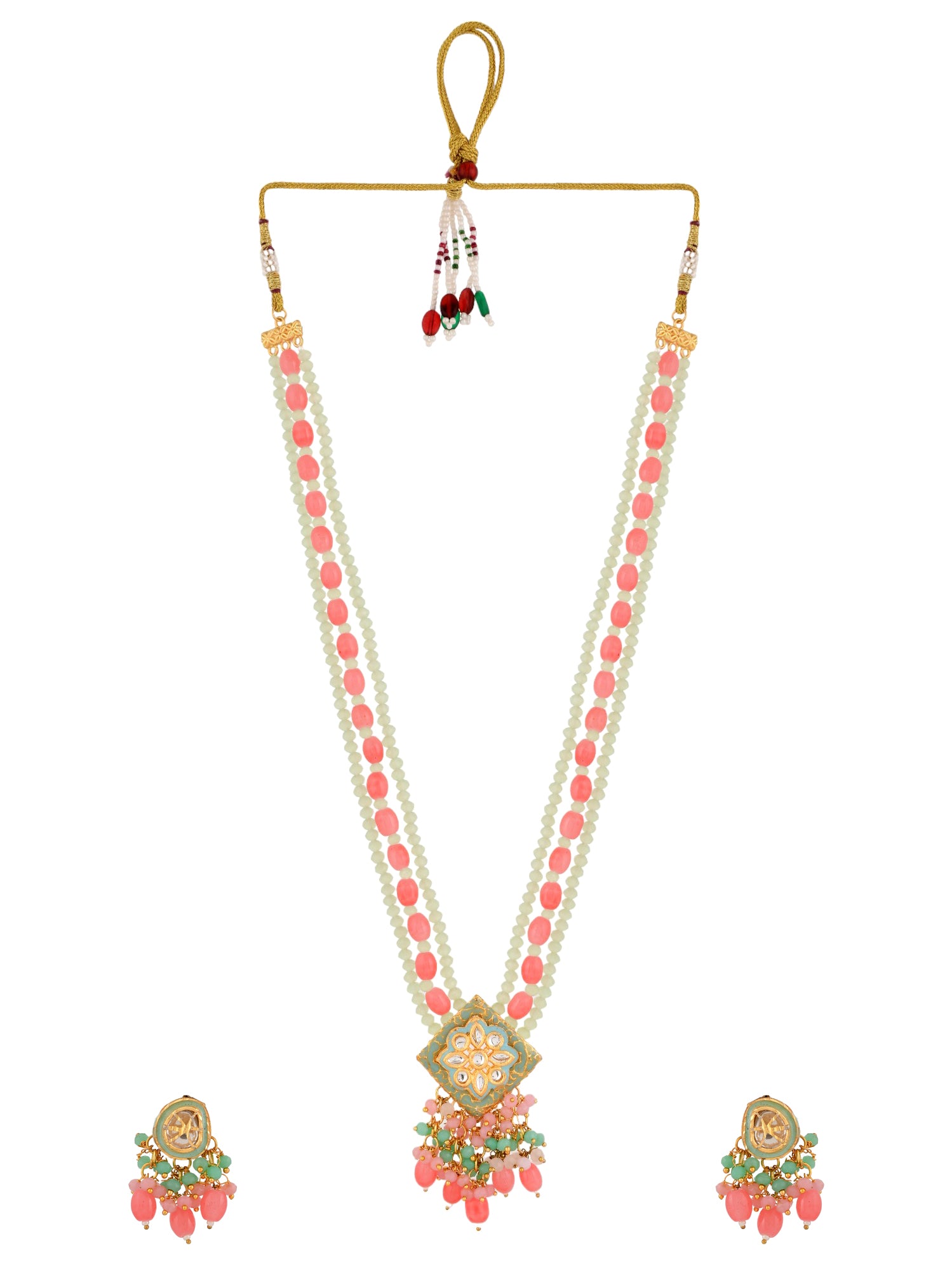 Gold Plated Pearl and Light Pink Beads Studded Kundan Necklace Set for Women