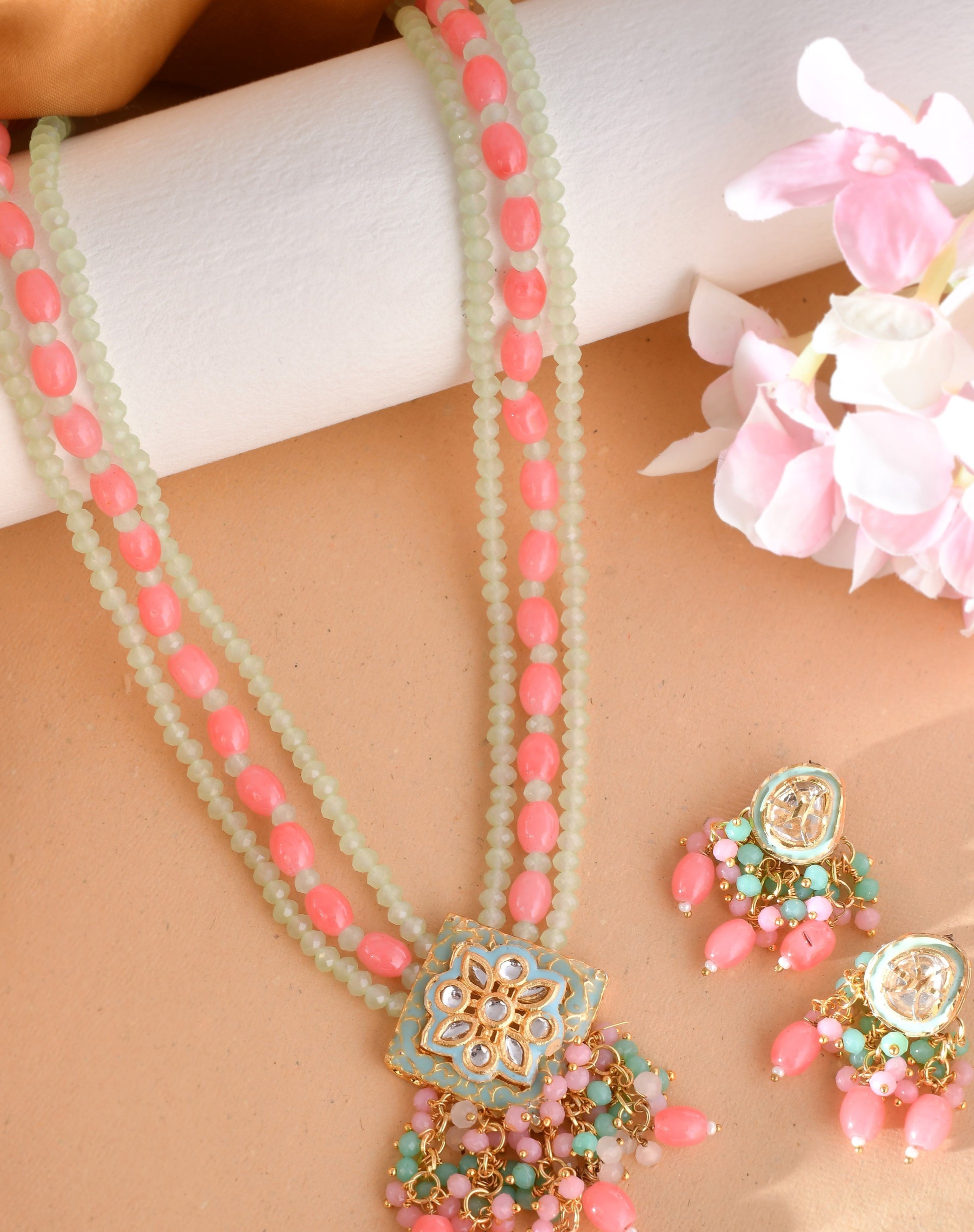 Gold Plated Pearl and Light Pink Beads Studded Kundan Necklace Set for Women
