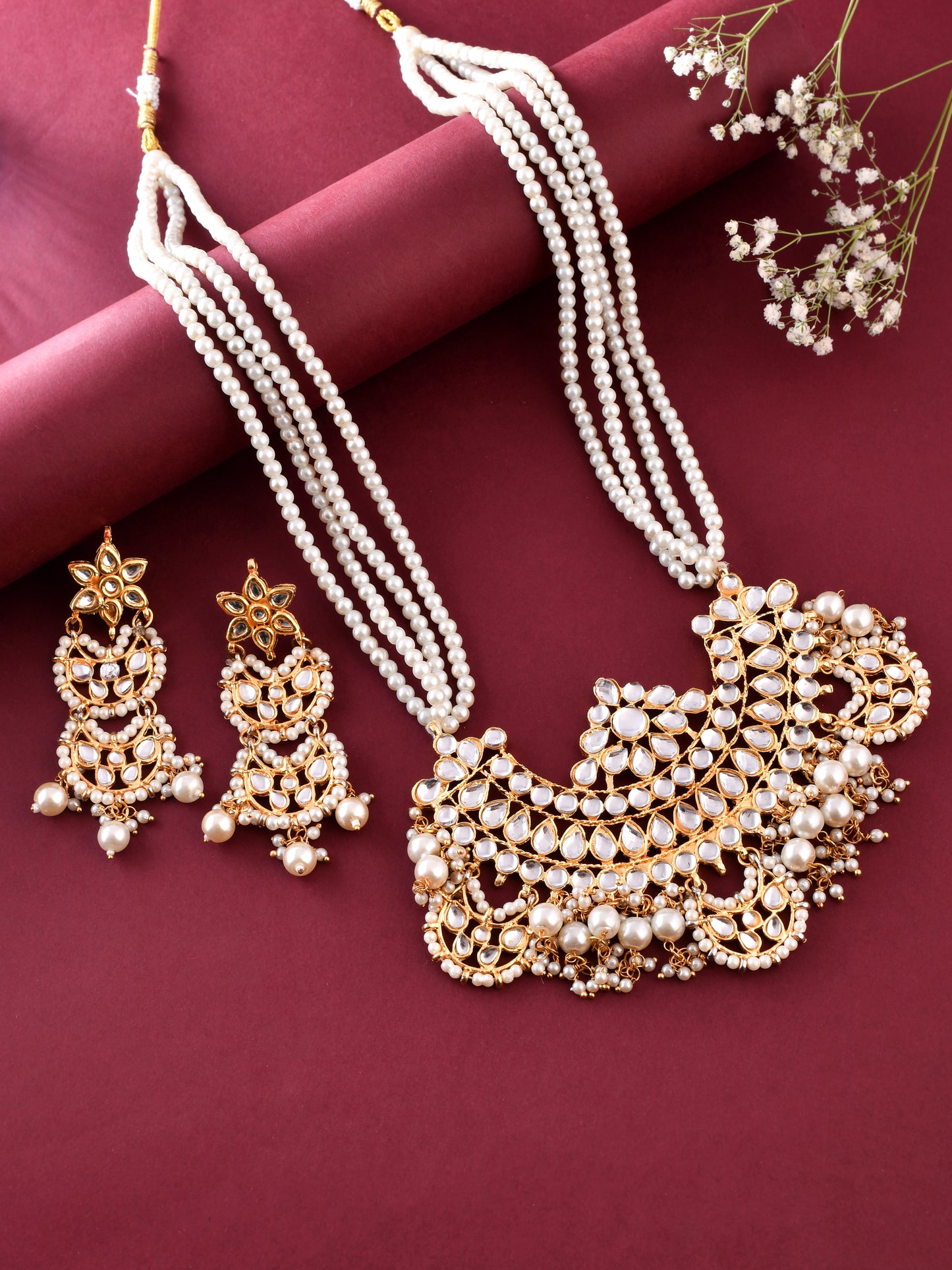 Gold Tone Kundan Long Necklace Earring For women