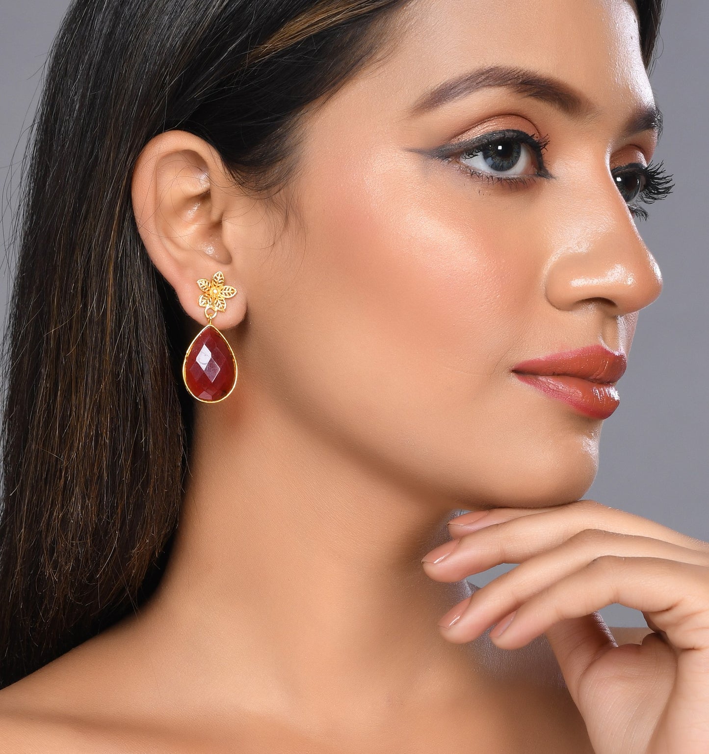 glod plated red stone drop earring