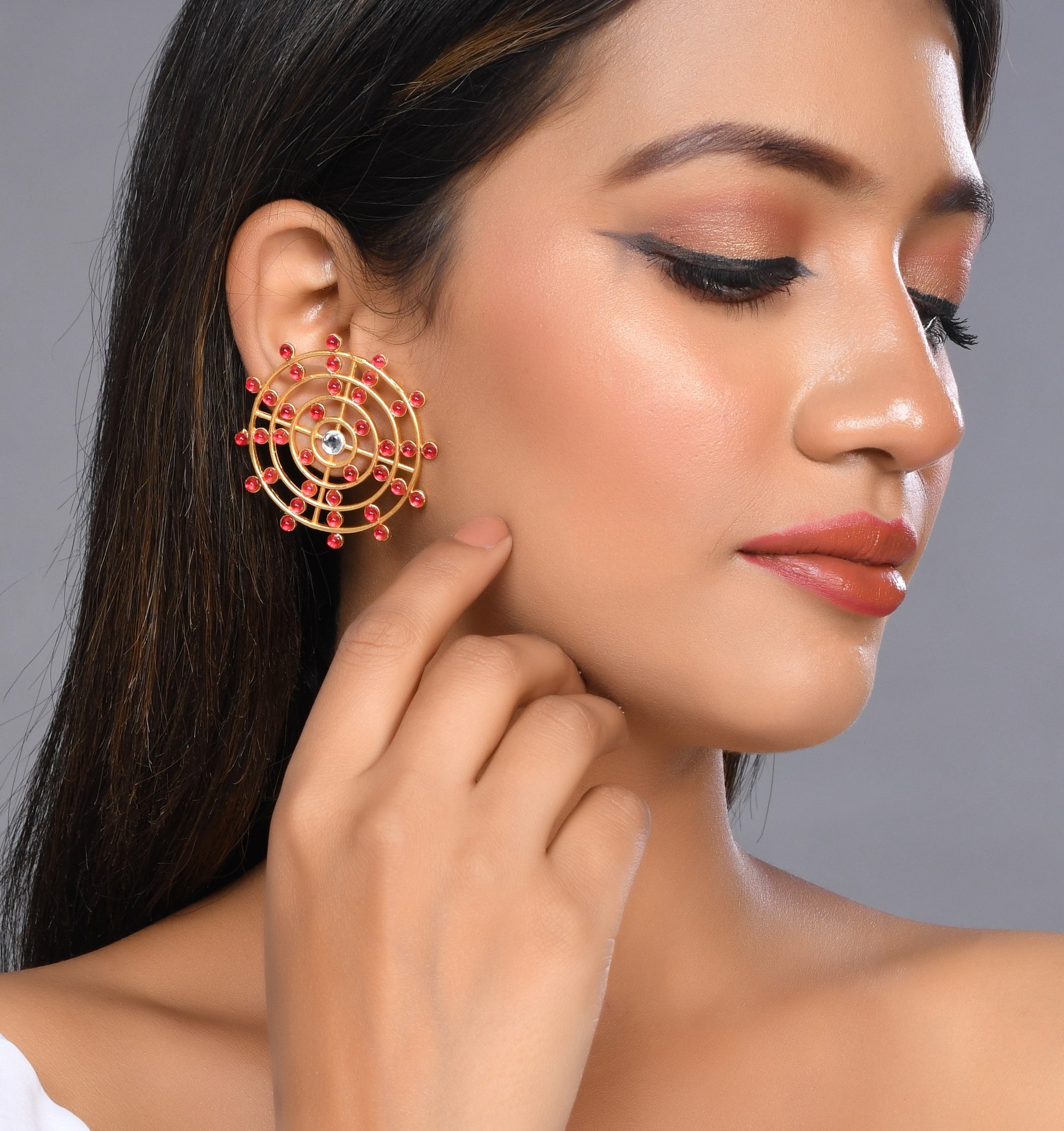 gold plated red stone drop earring