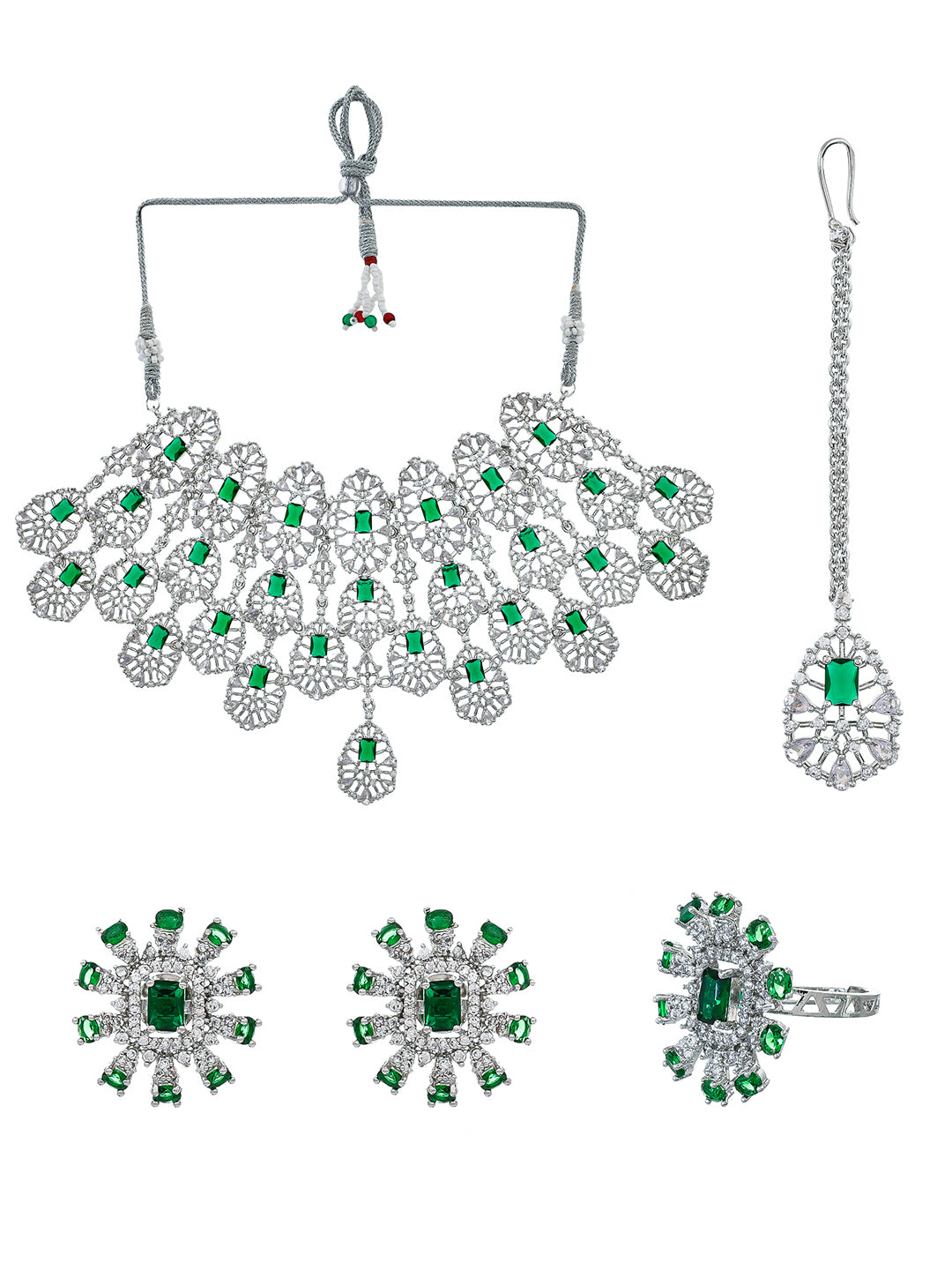 This stunning American Diamond heavy jewellery set with tikkka is the perfect accessory for any woman, bride or girl. With its intricate design and high-quality materials, it will add a touch of elegance and glamour to any outfit. Elevate your style with this beautiful set.