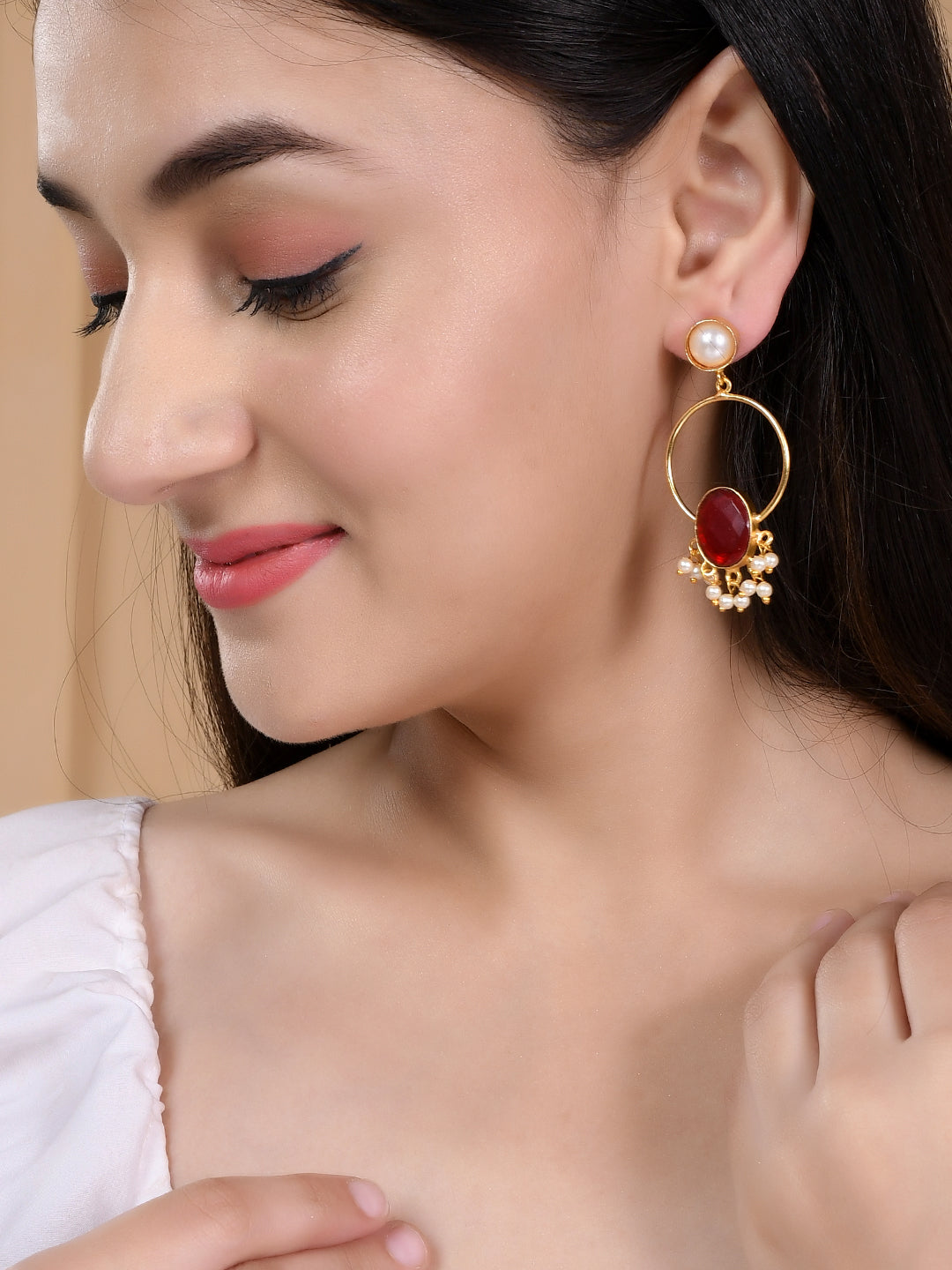 Gold Plated Red Stone Drop Earring