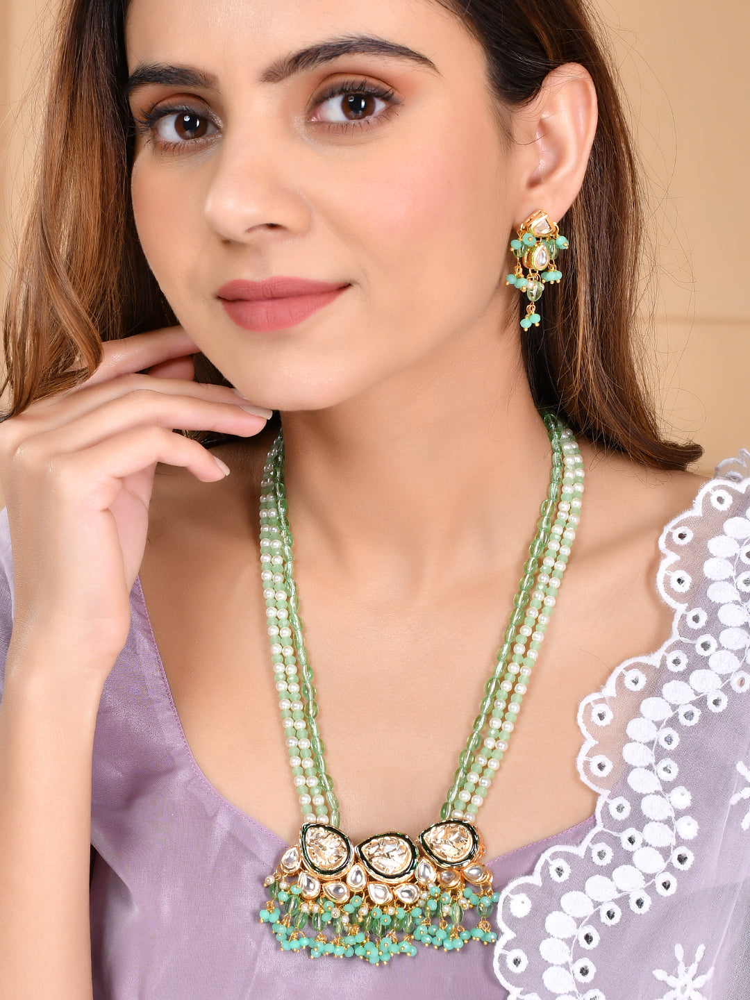Green Crystal Beaded MultiStrand Kundan Flowers NeckLace Earring For women