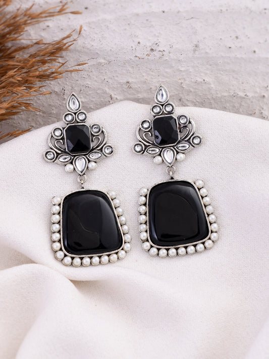 Silver Plated Pearl Black Stone Drop Earrings for Women Online