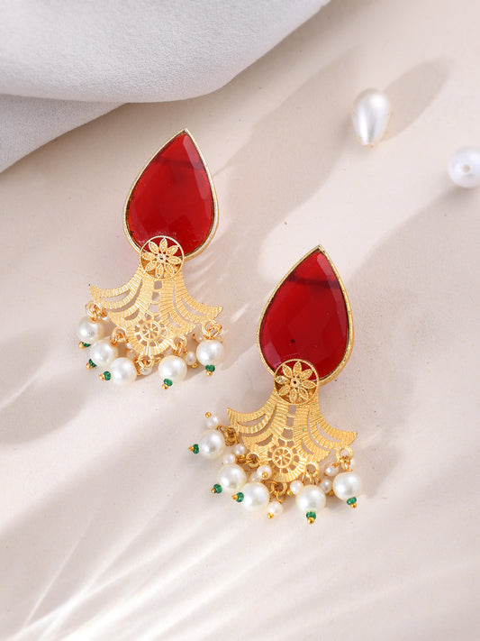 Gold Plated Pearl Red Stone Drop Earrings for Women Online