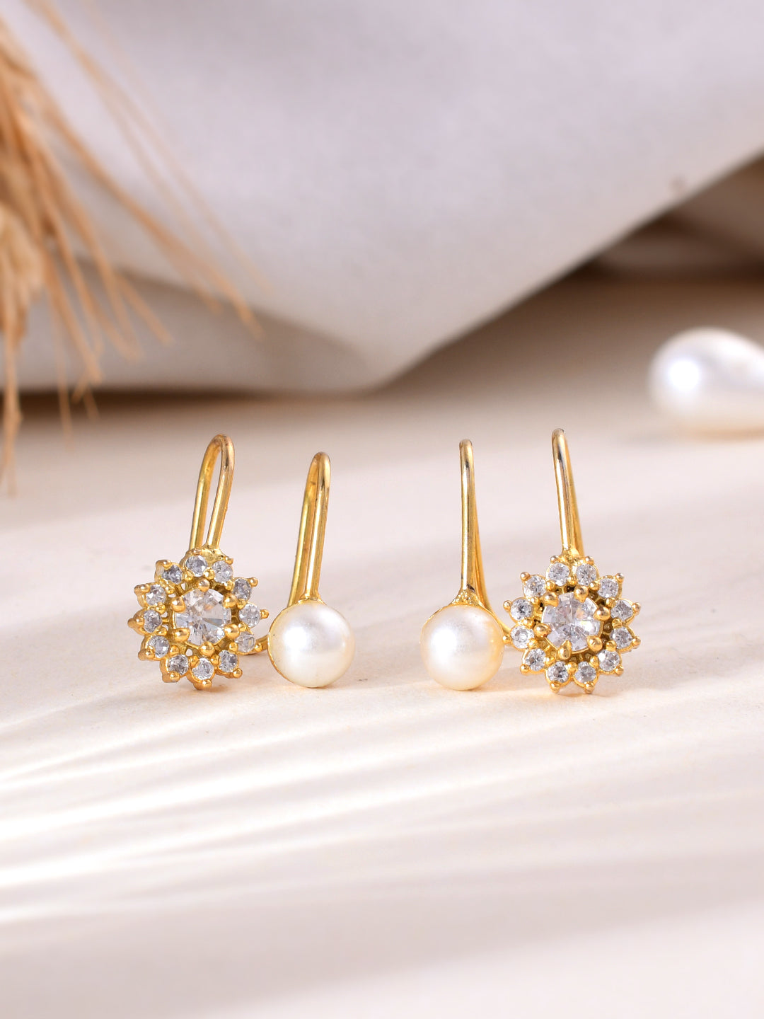 American Diamond Gold Plated Pearl Ad Hoop Earrings for Women Online