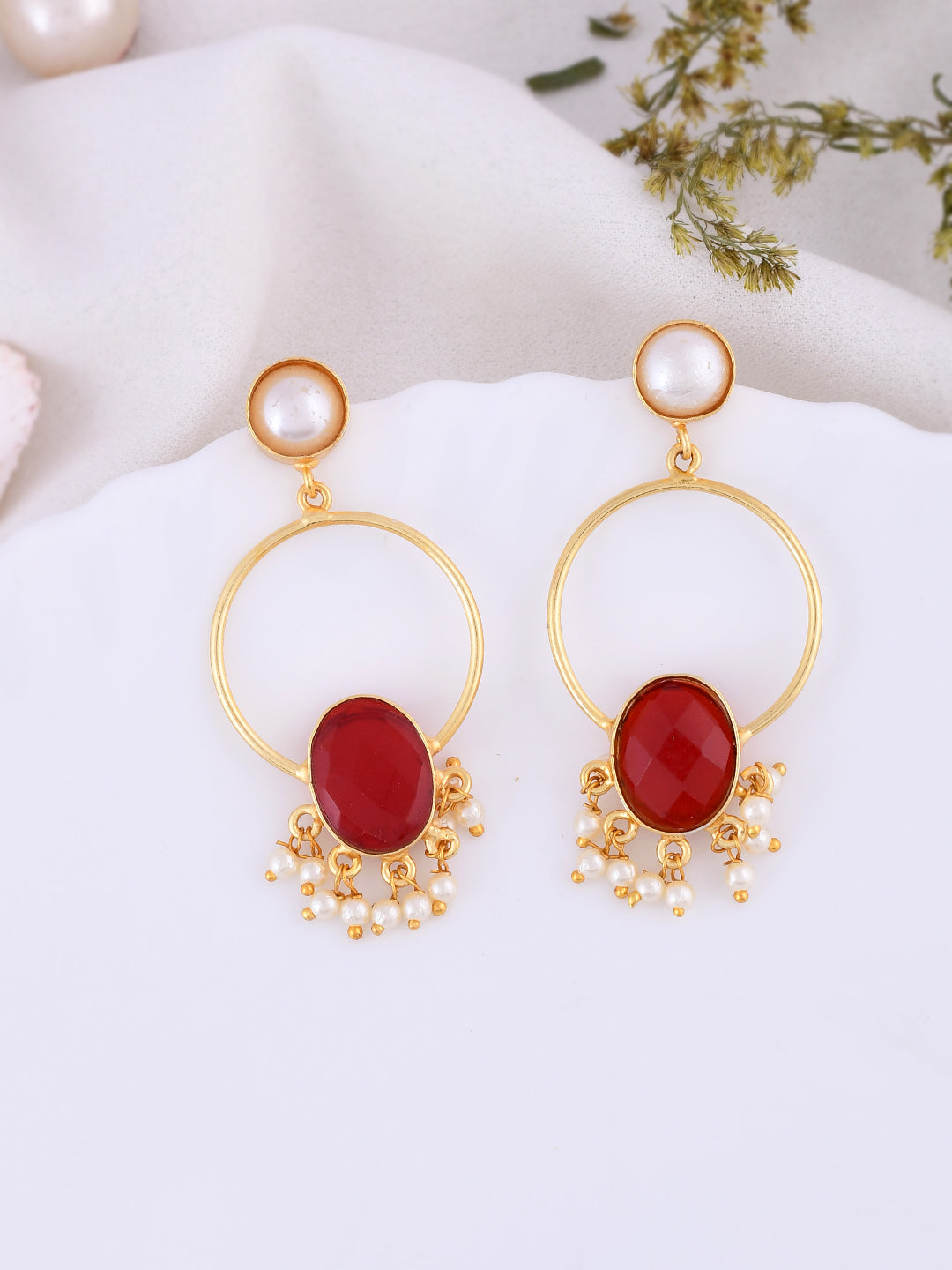 Gold Plated Red Stone Drop Earring