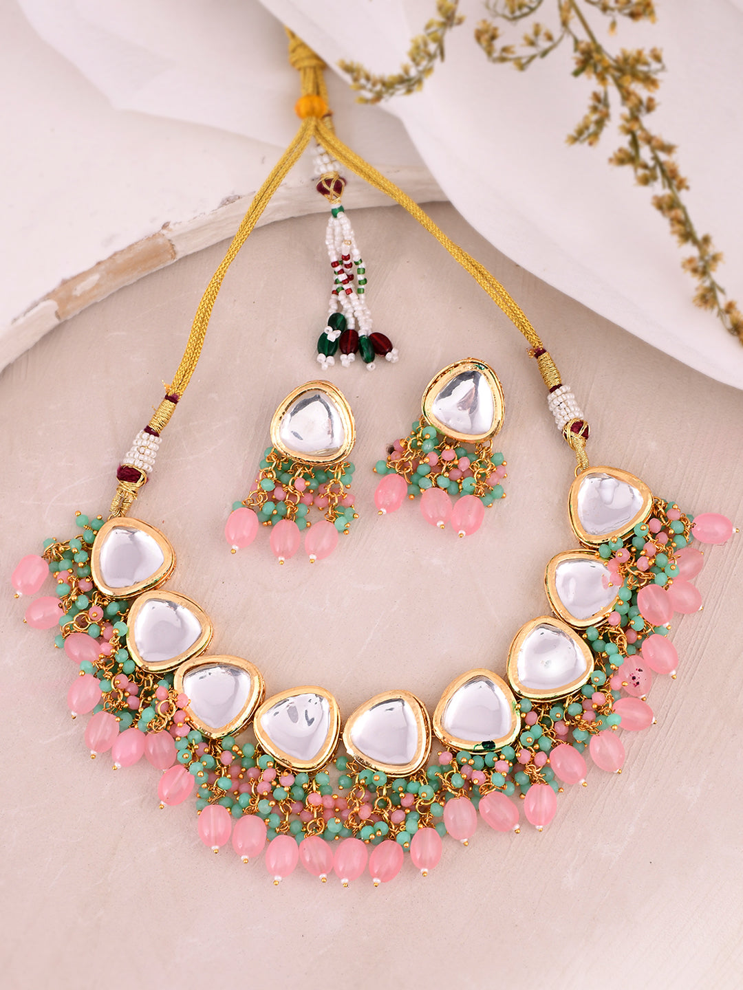 Gold plated beads kundan jewellery set