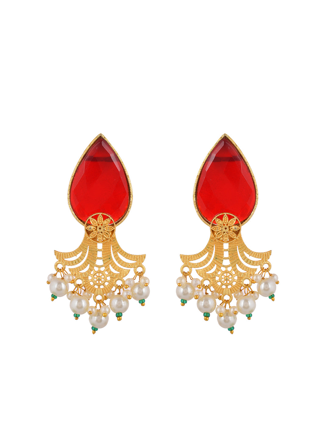 Gold plated pearl red stone drop earrring
