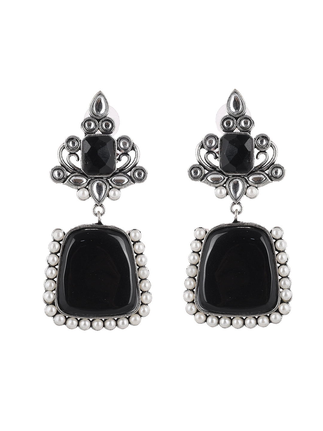 Silver plated pearl black stone drop earring
