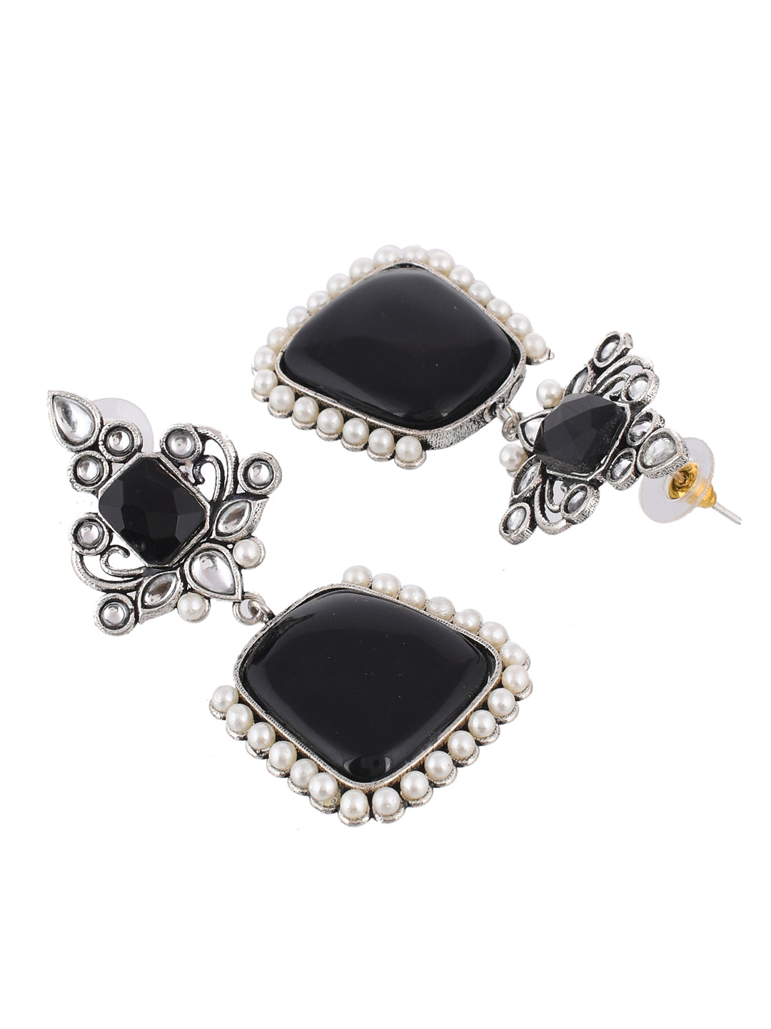 Silver plated pearl black stone drop earring