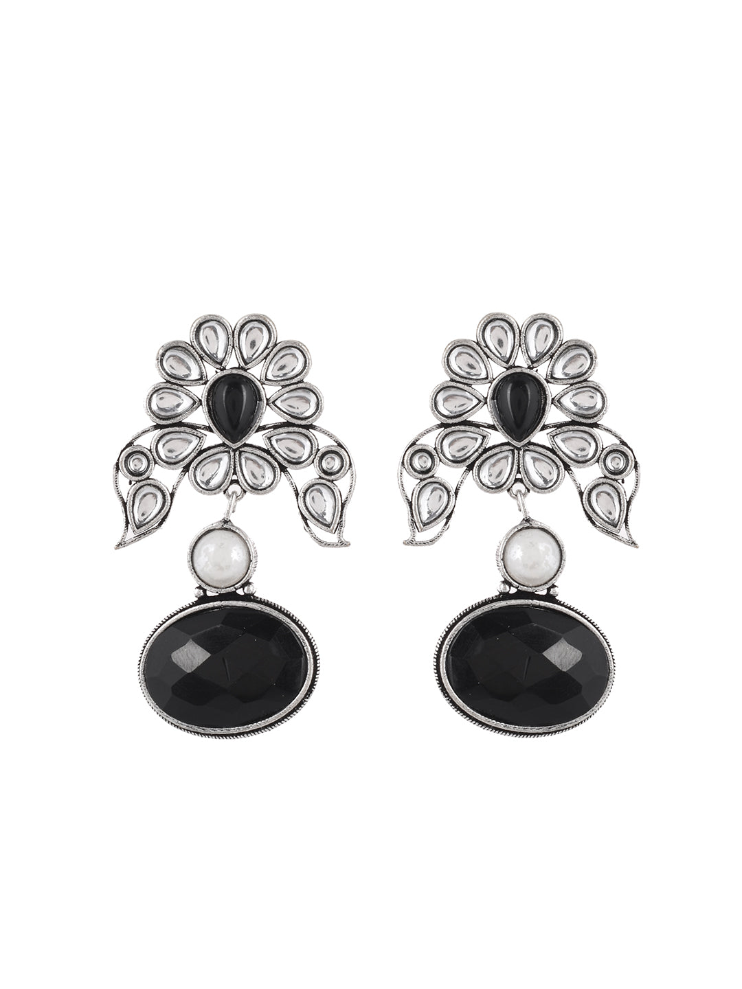 black stone silver plated earring