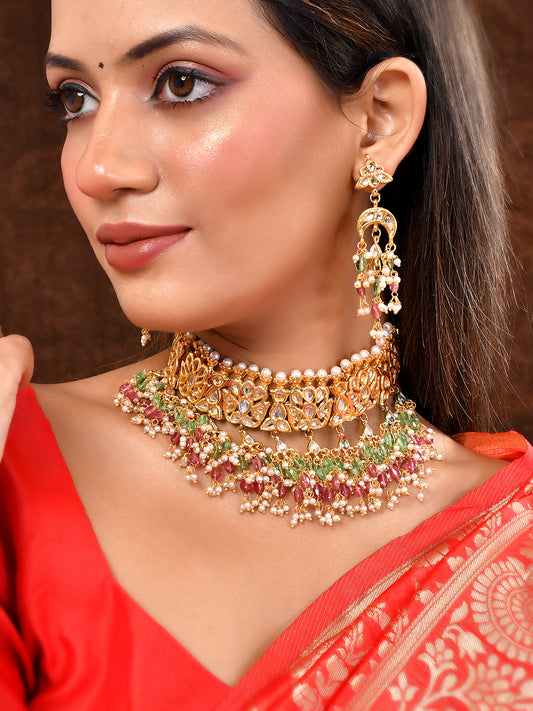 Trendy Kundan Gold Plated Wedding Pearl Choker jewellery Set