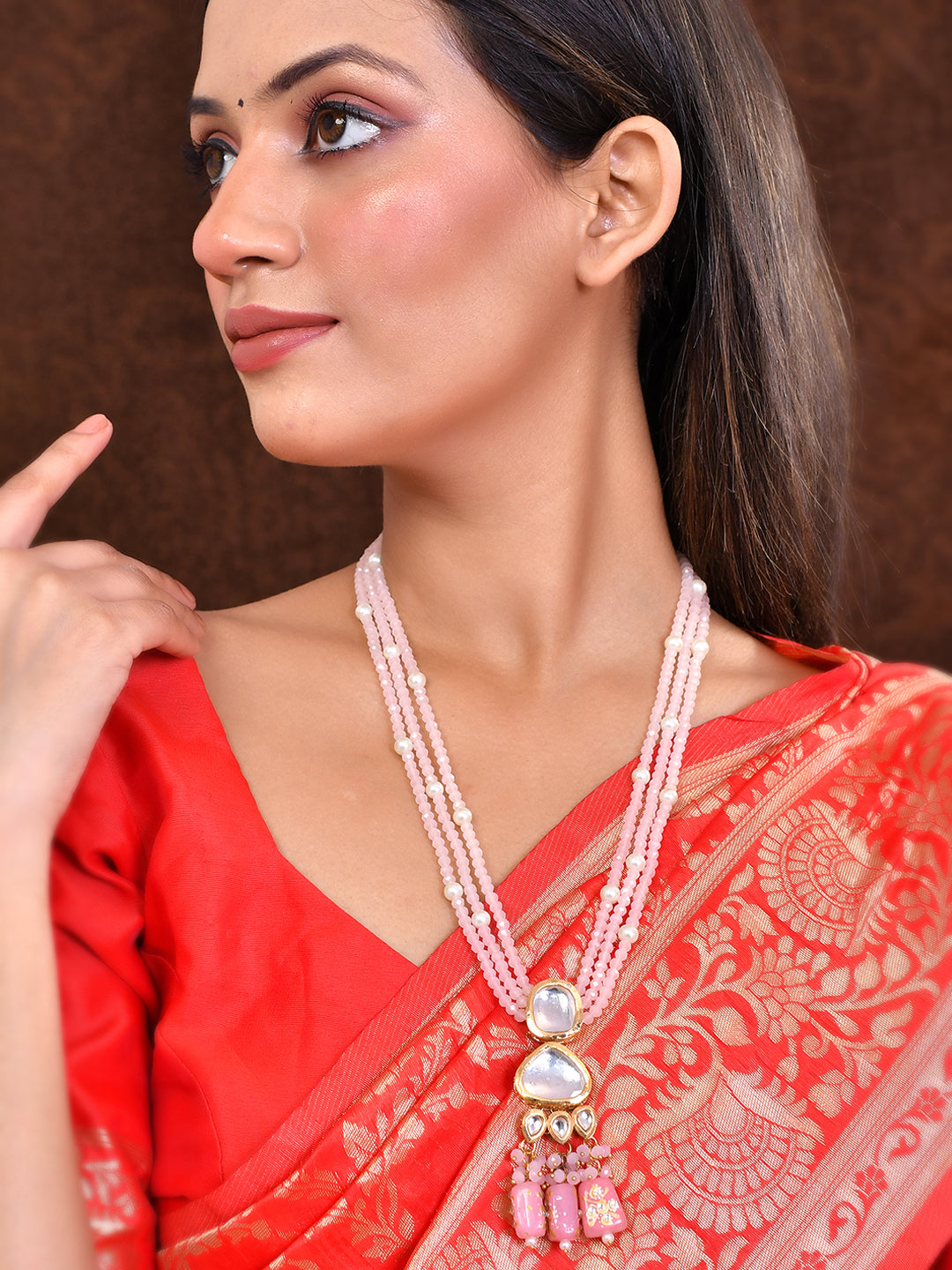 Elegant Pink Beaded Necklace with Gold Accents