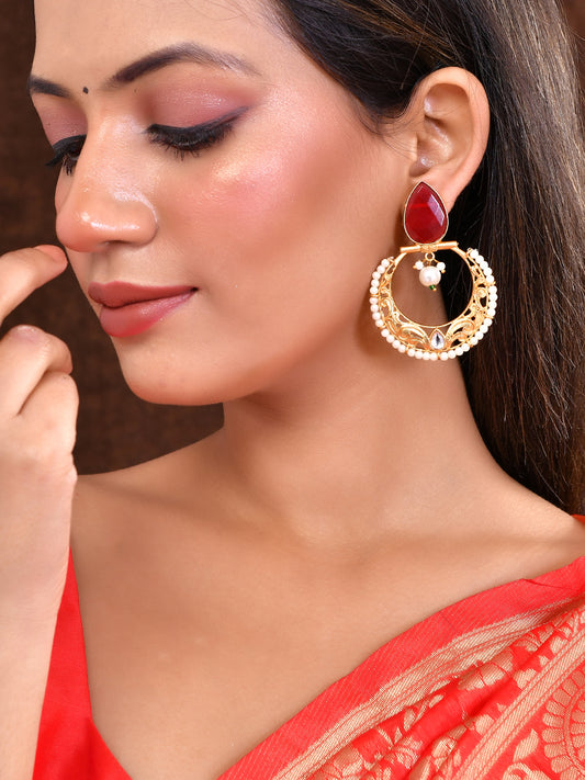 Gold Plated Red Stone Studded Pearl Chandbali Earrings