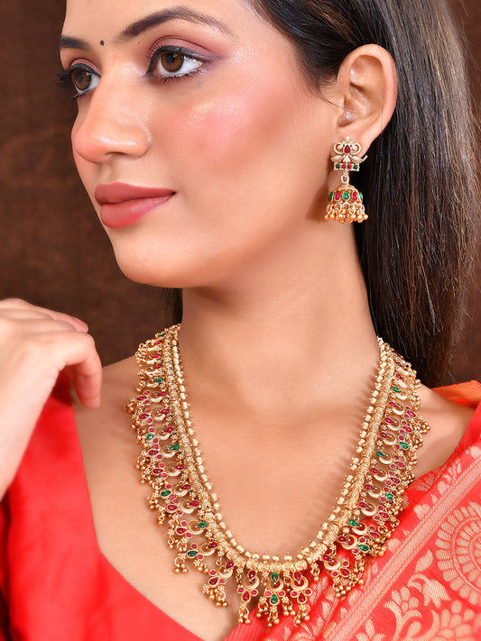 Classical Temple Gold Plated Beads Studded Long Necklace Set With Jhumka Earring