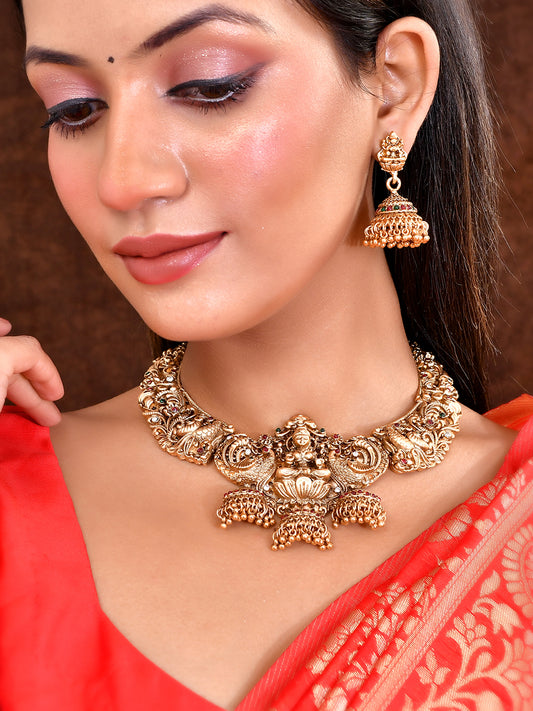Gold Plated Traditional Temple Jewelry Set Antique Necklace Set with Earrings