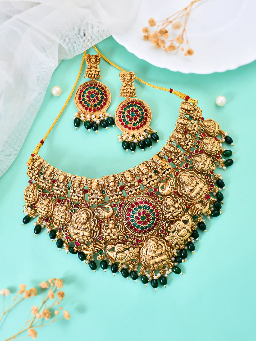 Gold-Plated Traditional Necklace Set with Colorful Gemstones