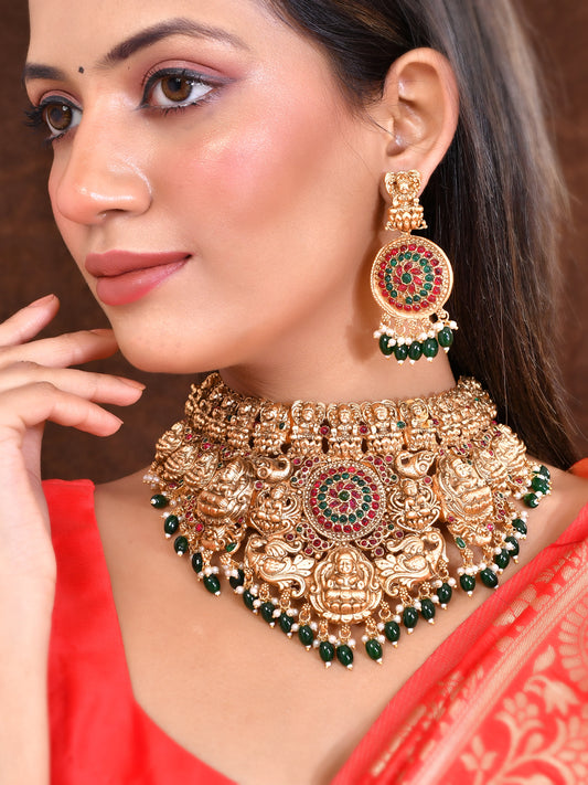 Gold-Plated Traditional Necklace Set with Colorful Gemstones