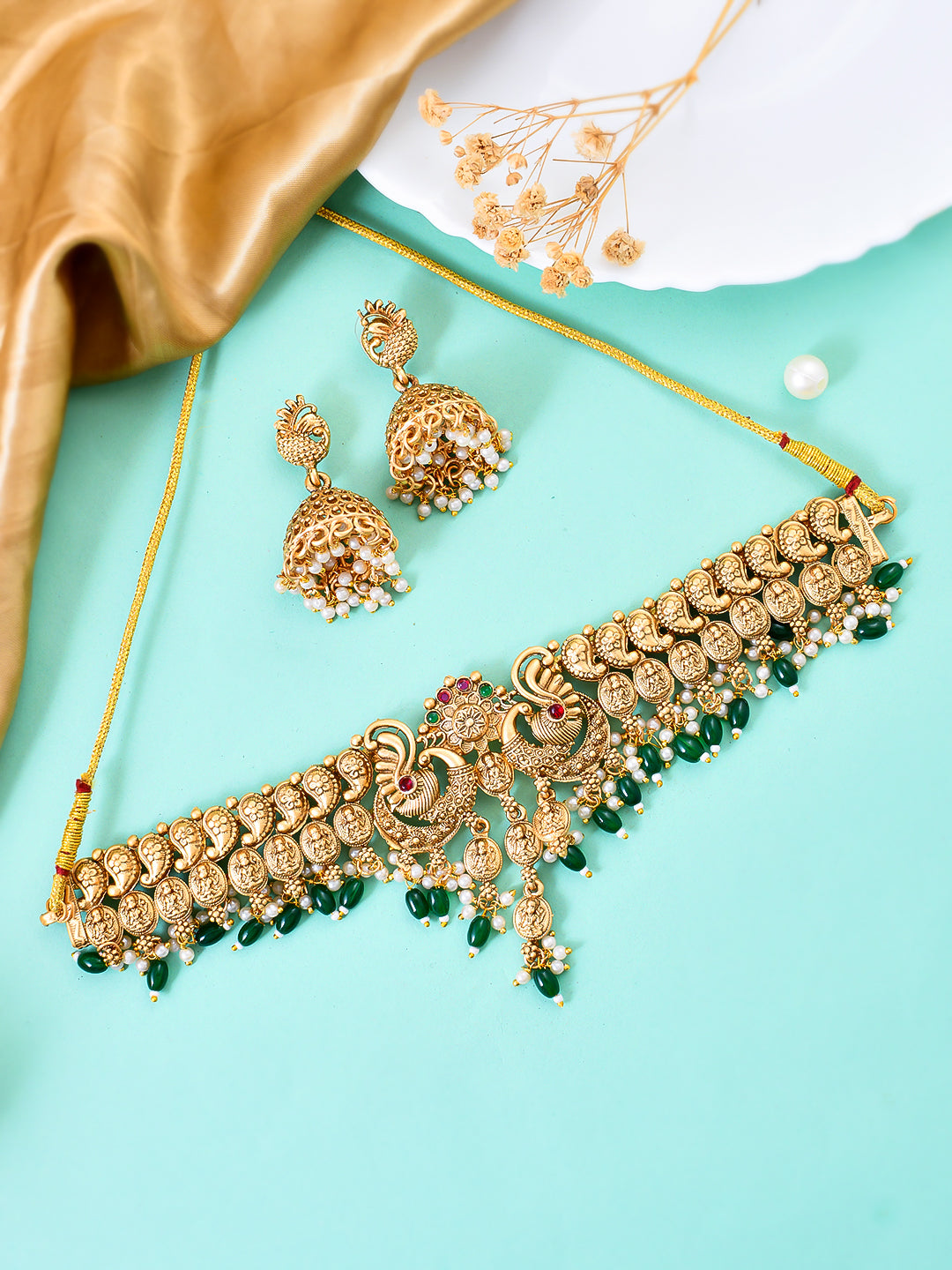 Fancy Pearl Choker Traditional Temple Necklace Jewellery Set for Women