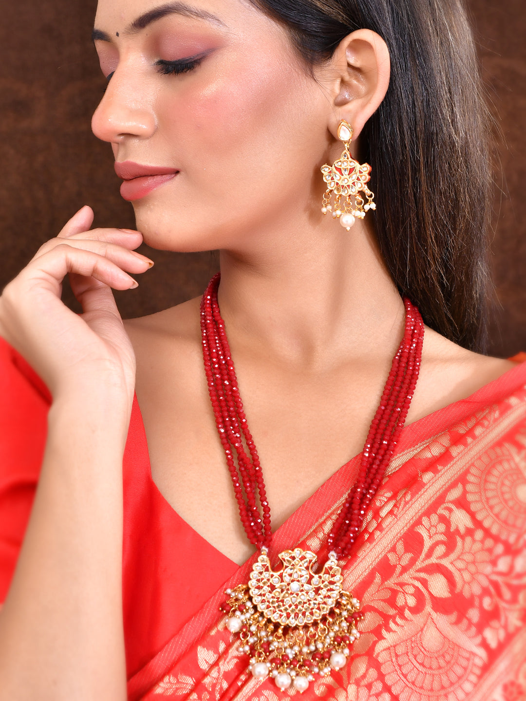 Kundan Pendant Red jewellery set with earrings
