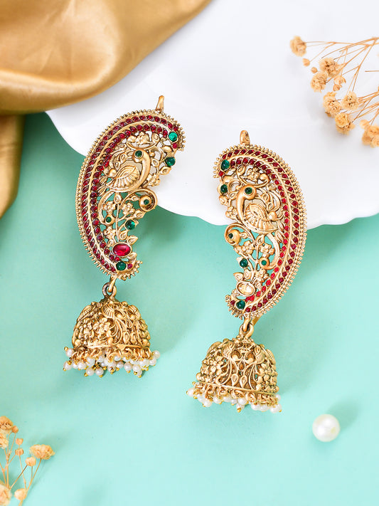 Gold Plated Peacock On Flowers Earcuff Pearl Earring