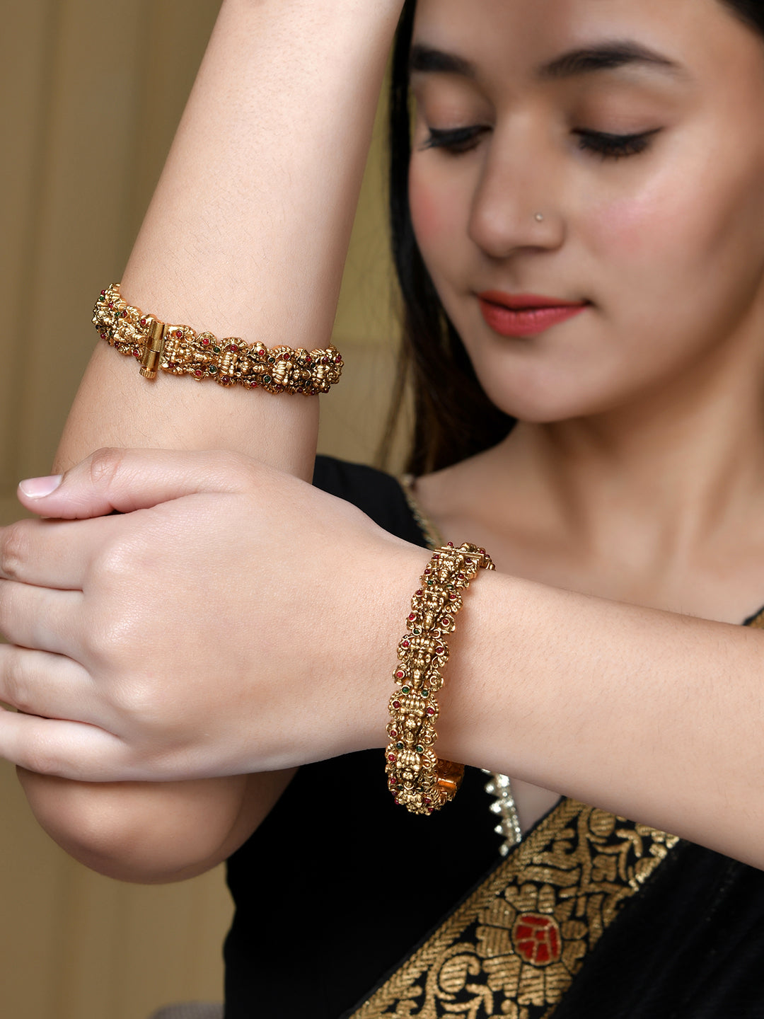 Gold-Plated Kundan Studded Temple Bangles