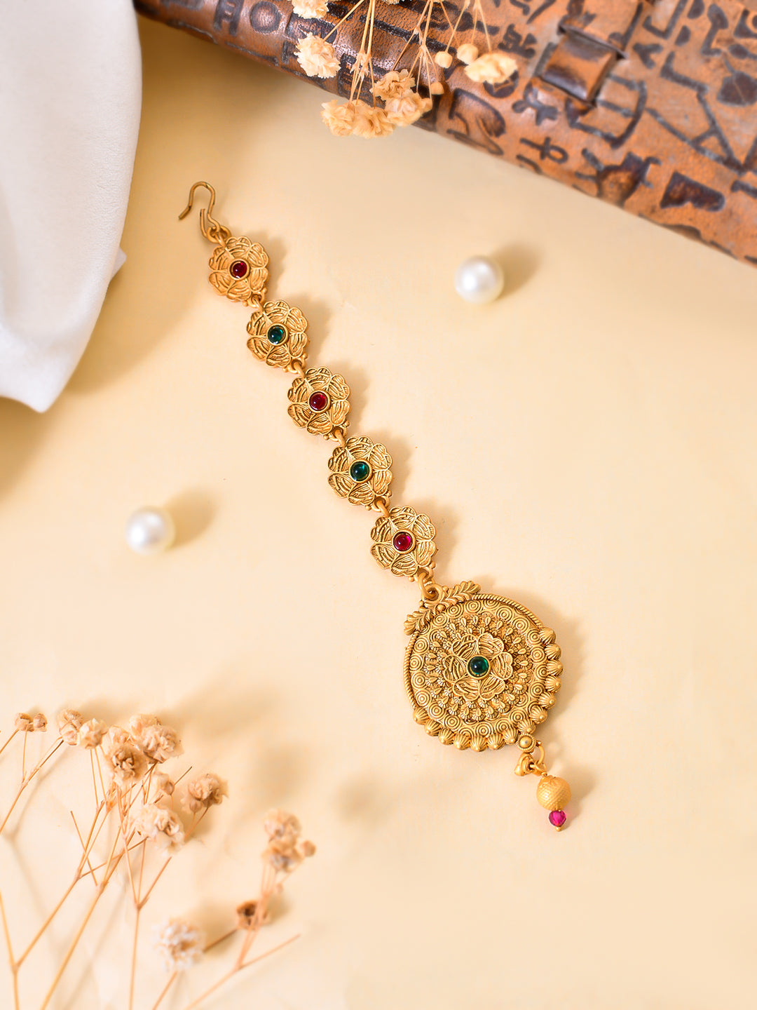 Gold Tone Flower Temple Maangtikka with Pearl Accents
