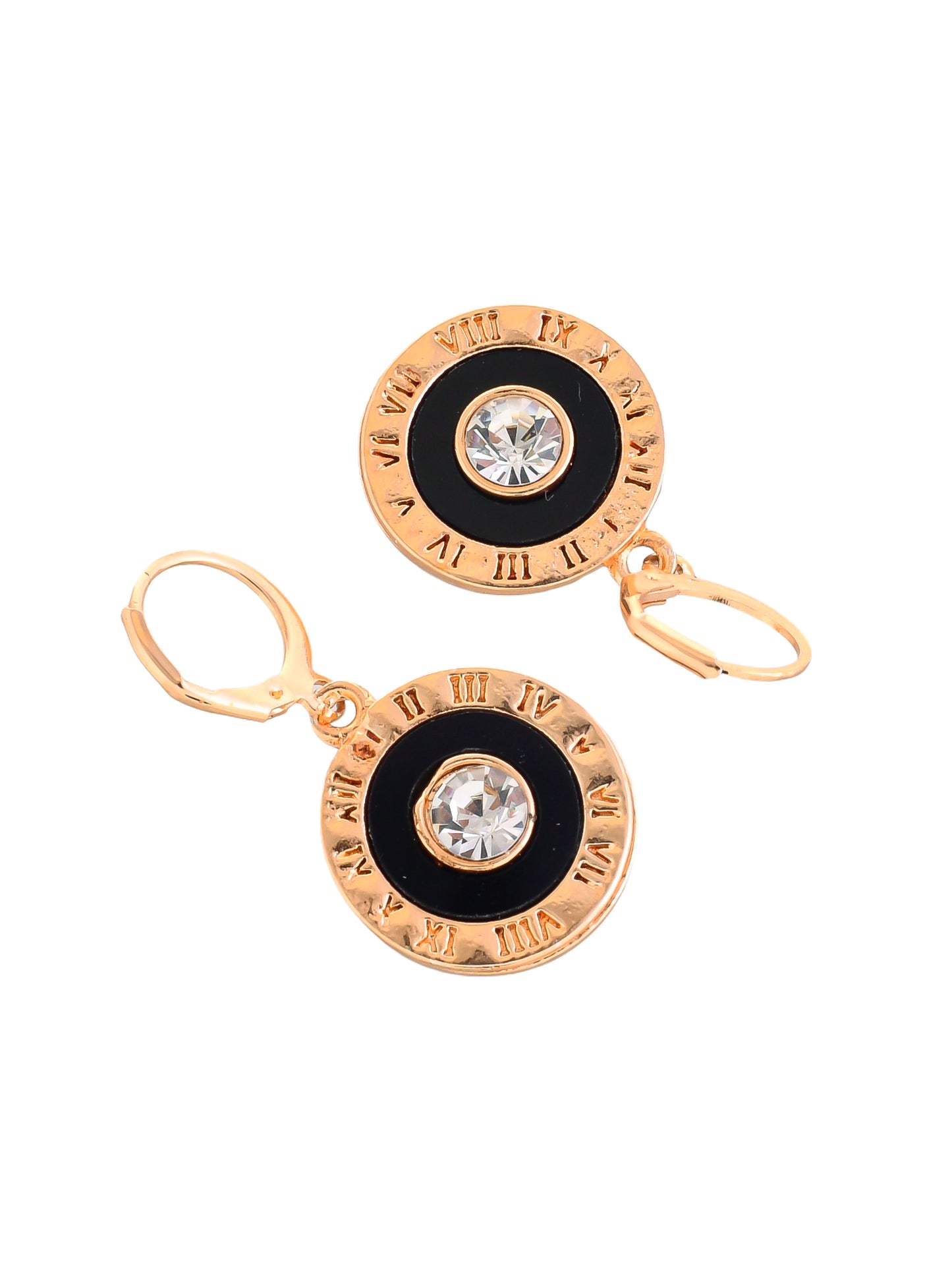 rose gold hoop earrings with white zircons and black enamel